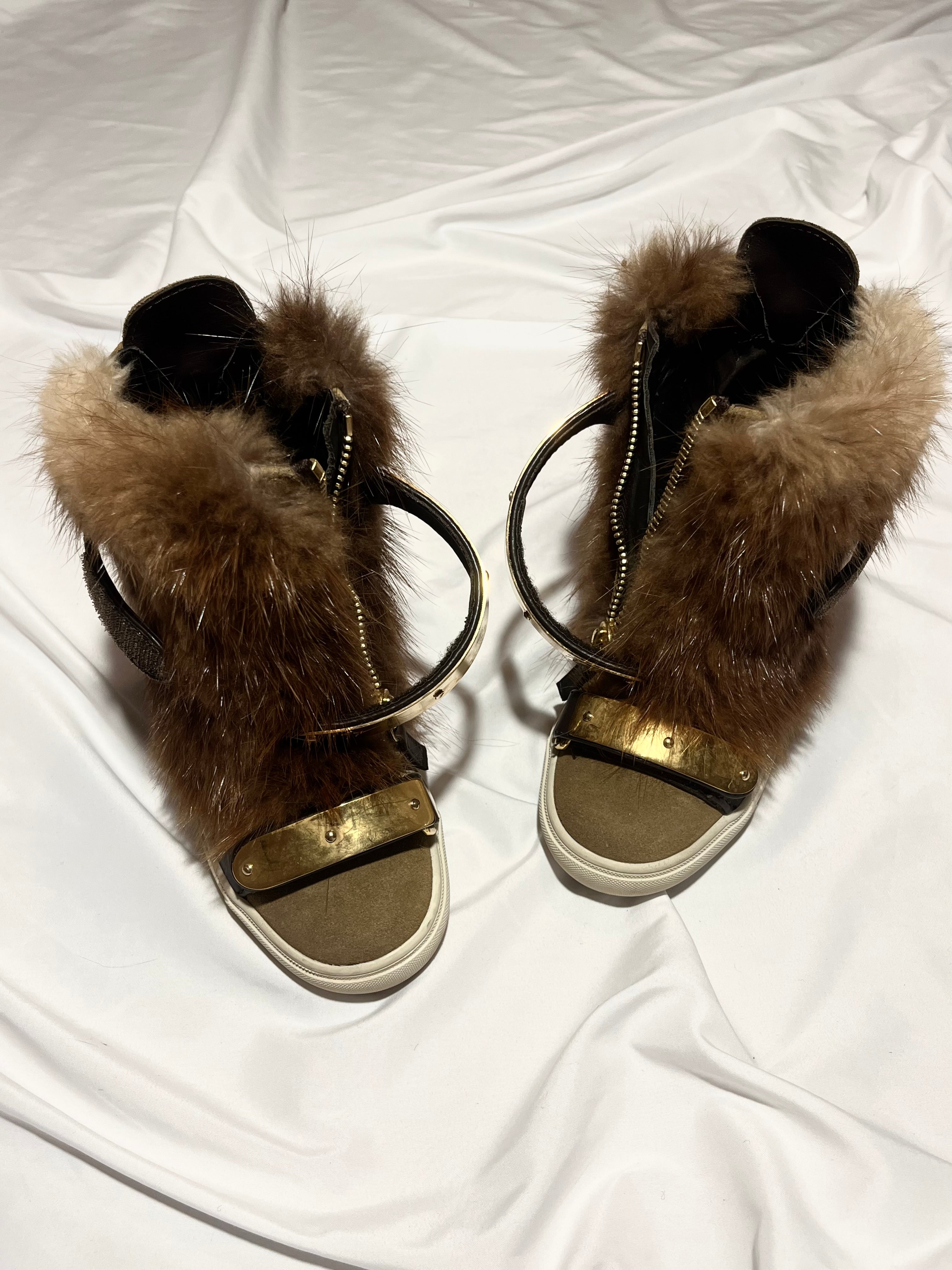 GIUSEPPE ZANOTTI 'COBY' BROWN/GOLD FUR WEDGE SNEAKERS IN 35
