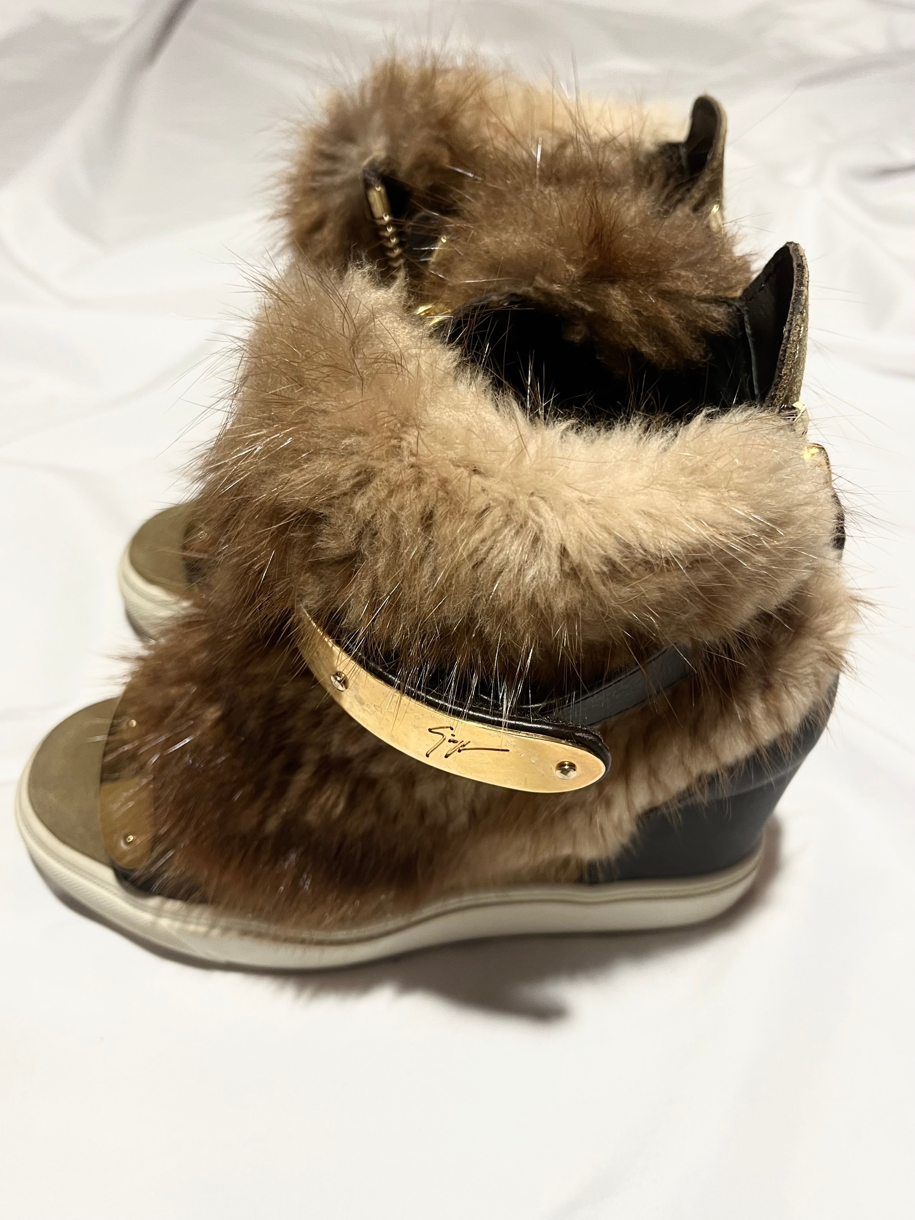 GIUSEPPE ZANOTTI 'COBY' BROWN/GOLD FUR WEDGE SNEAKERS IN 35