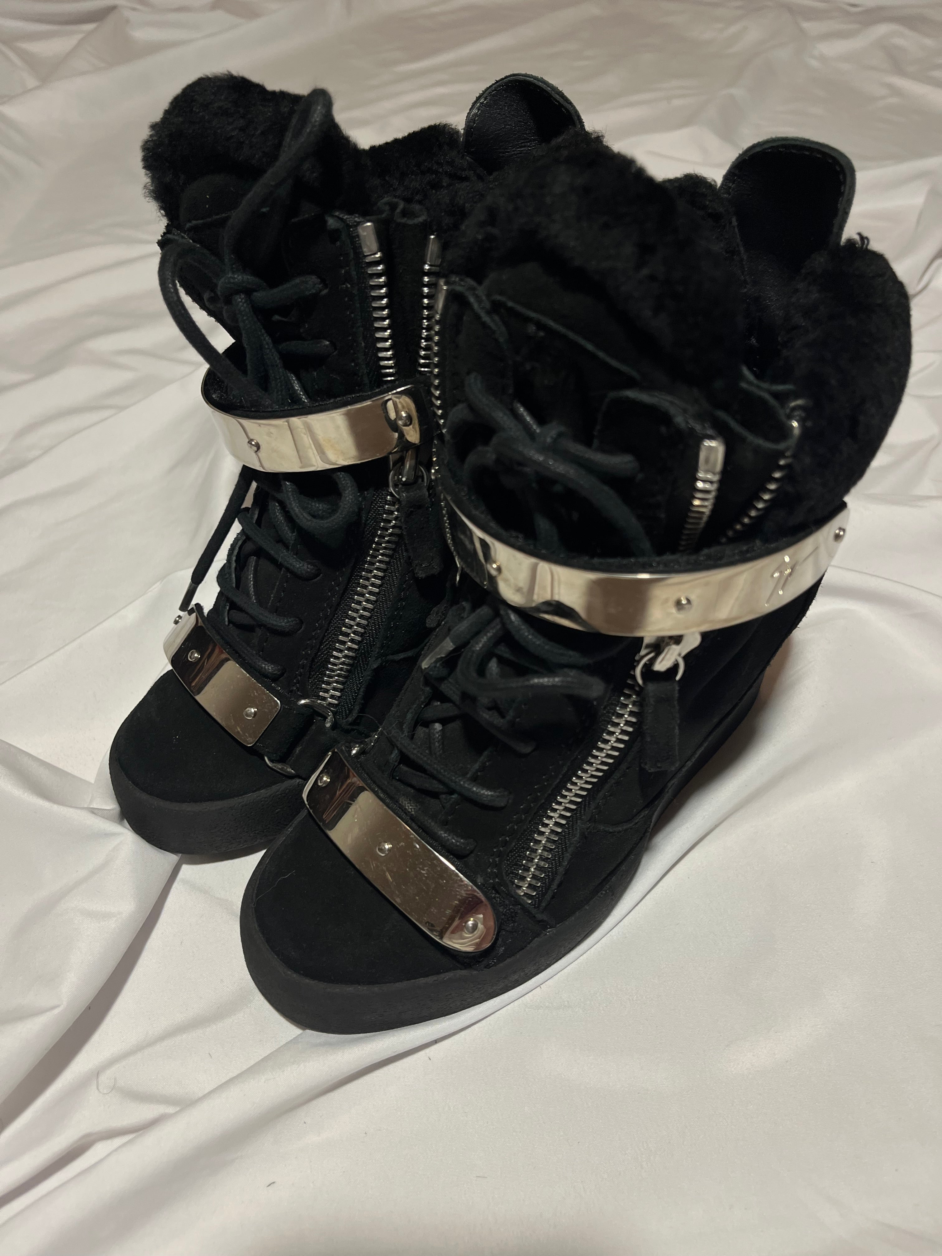 GIUSEPPE ZANOTTI 'COBY' BLACK / SILVER SHEARLING WEDGE SNEAKERS IN 36