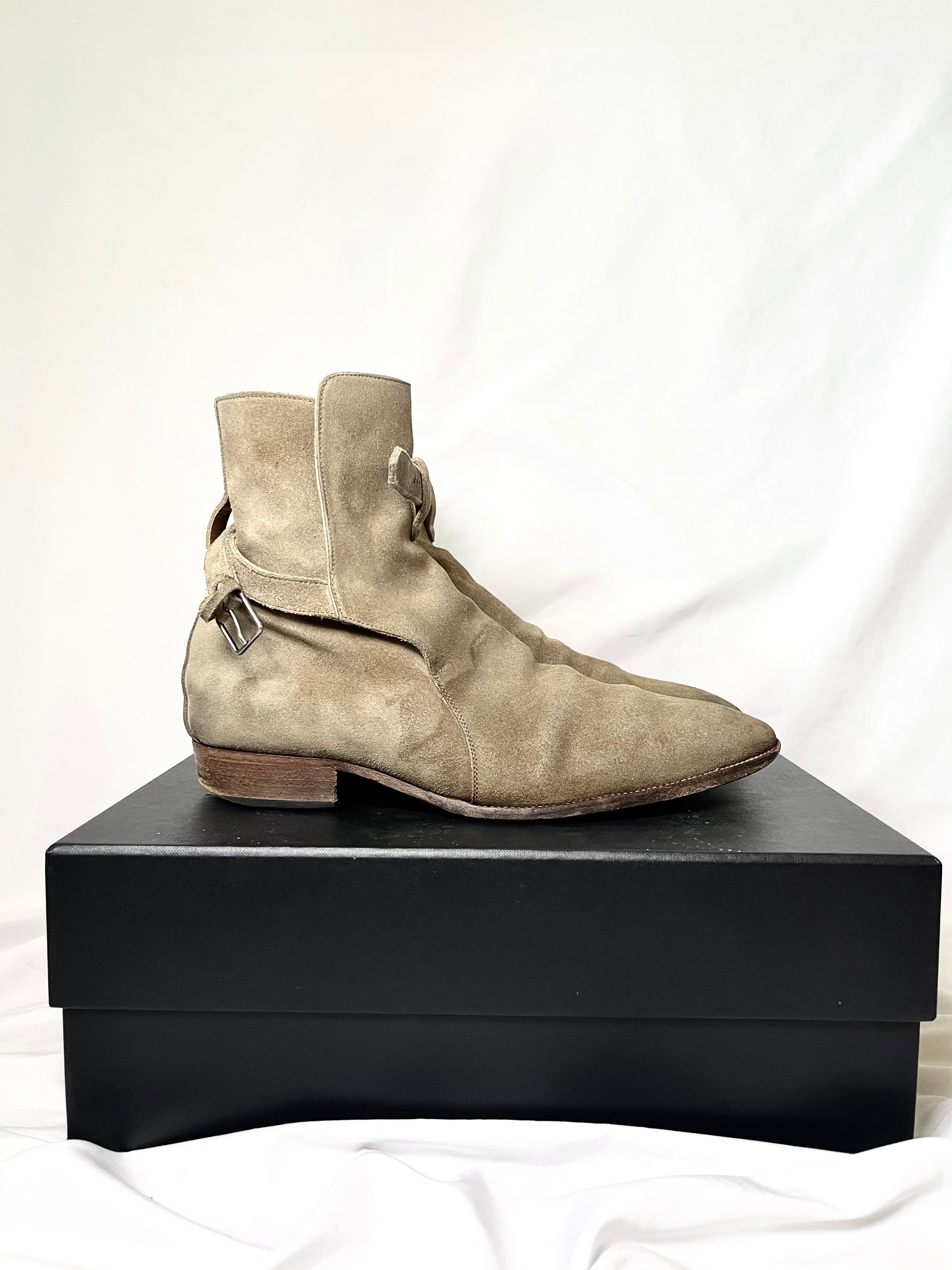 SAINT LAURENT PARIS KHAKI SUEDE LEATHER "JODHPUR" STRAP BOOTS IN 42