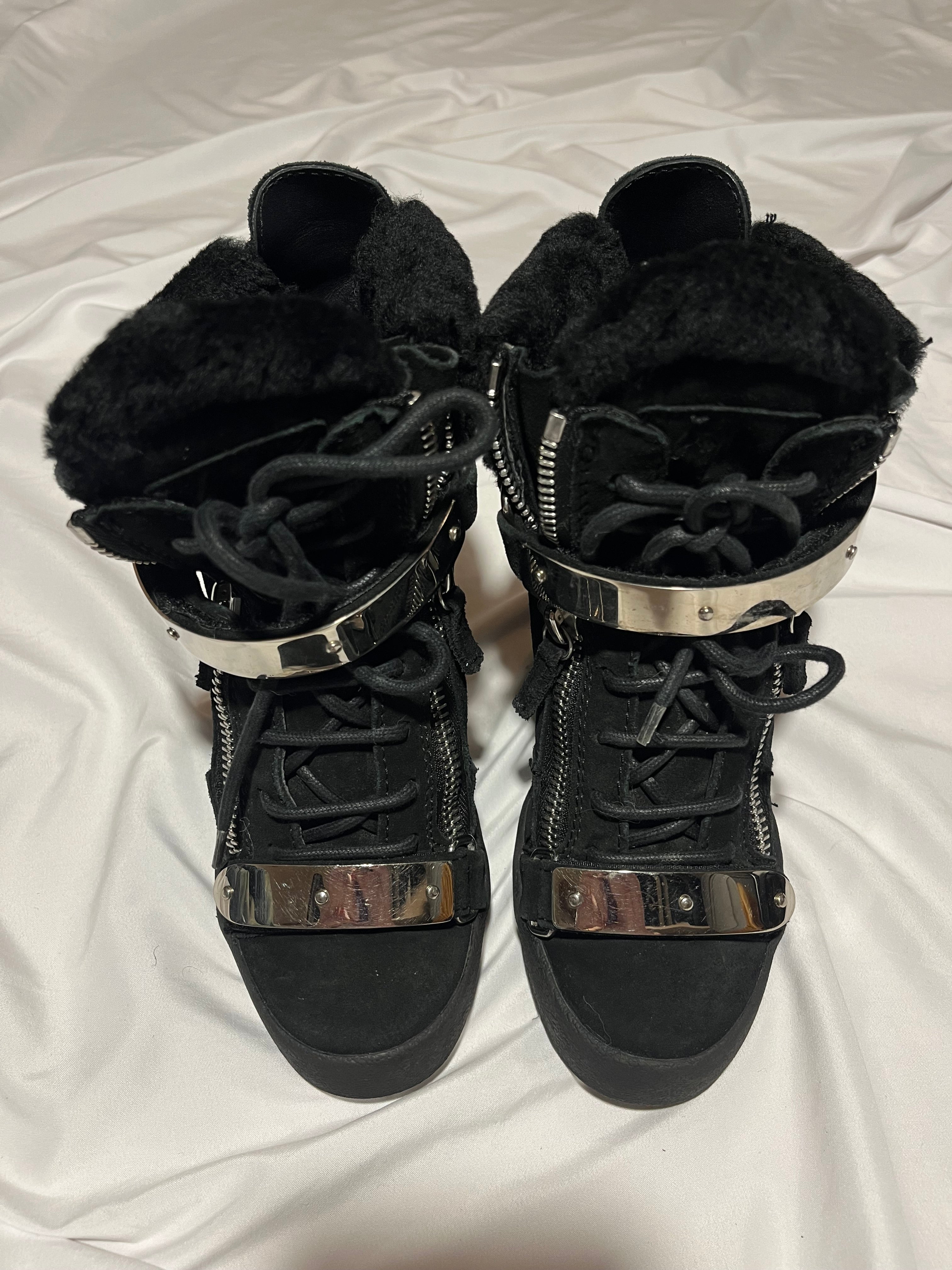 GIUSEPPE ZANOTTI 'COBY' BLACK / SILVER SHEARLING WEDGE SNEAKERS IN 36