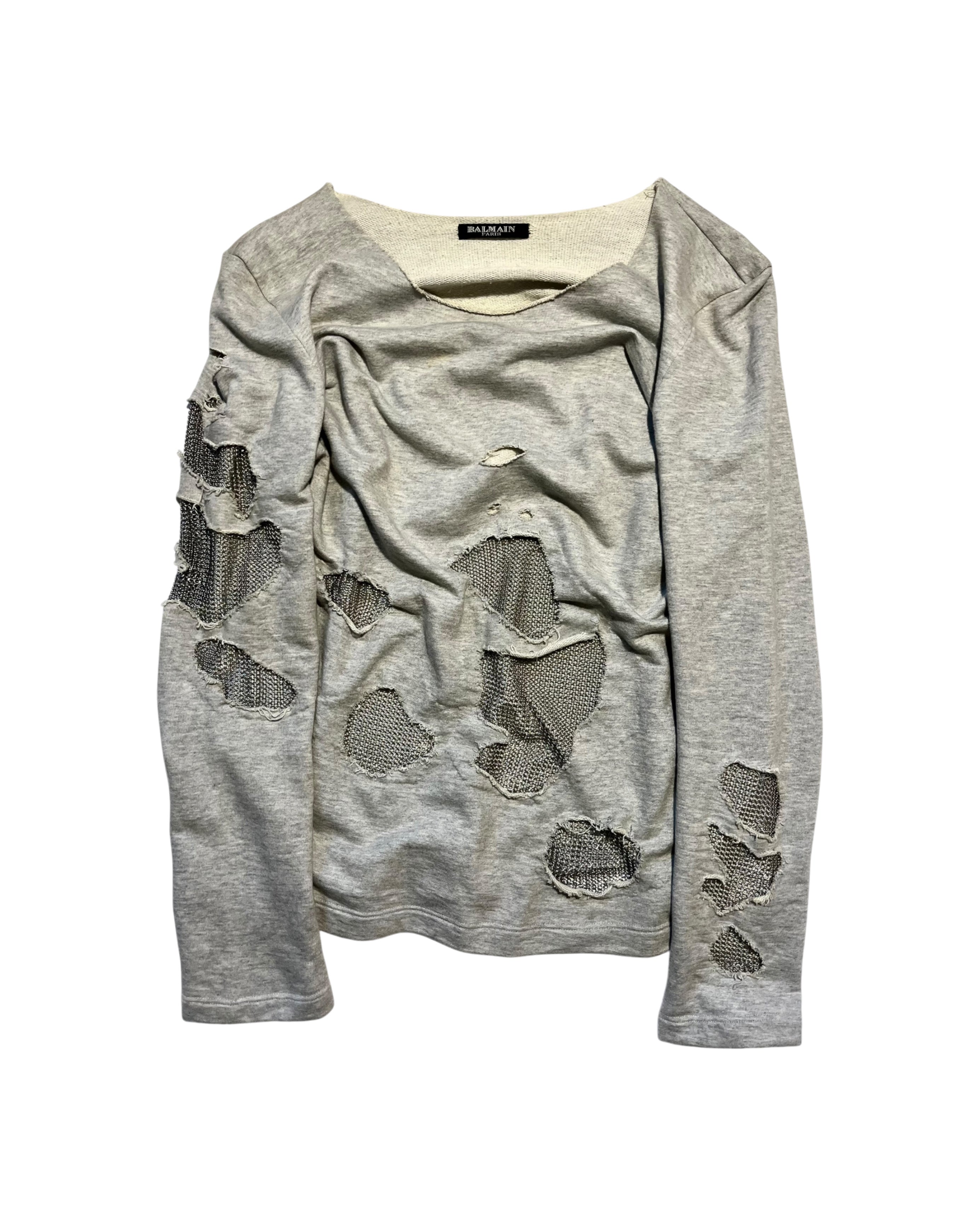 BALMAIN SS11 GRAY SHOTGUN DISTRESSED CHAINMAIL SWEATSHIRT BY CRISTOPHE DECARNIN SIZE 40