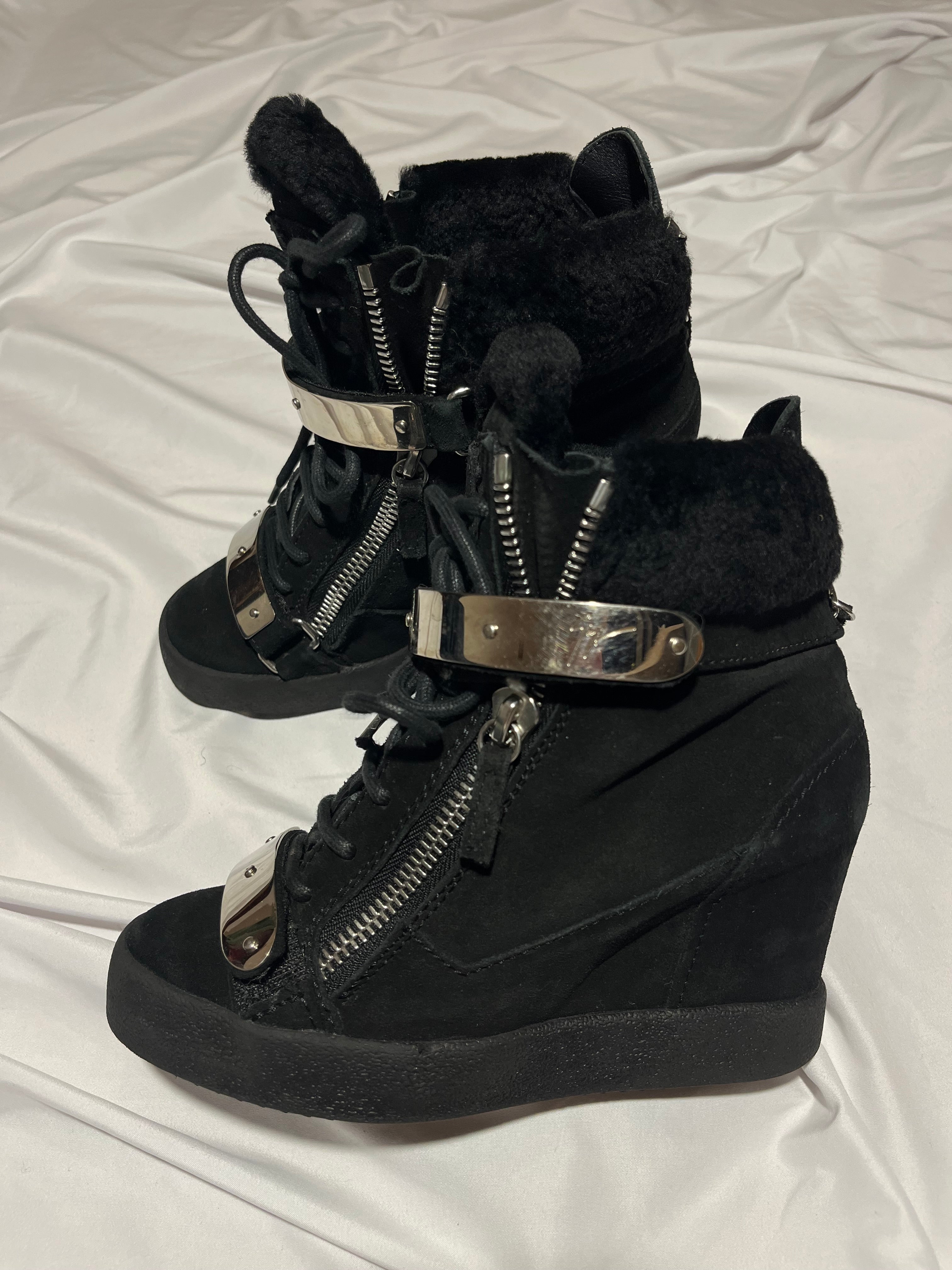 GIUSEPPE ZANOTTI 'COBY' BLACK / SILVER SHEARLING WEDGE SNEAKERS IN 36