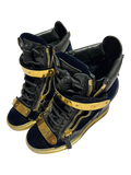 GIUSEPPE ZANOTTI 'COBY' DARK BLUE SATIN WEDGE SNEAKERS IN 36