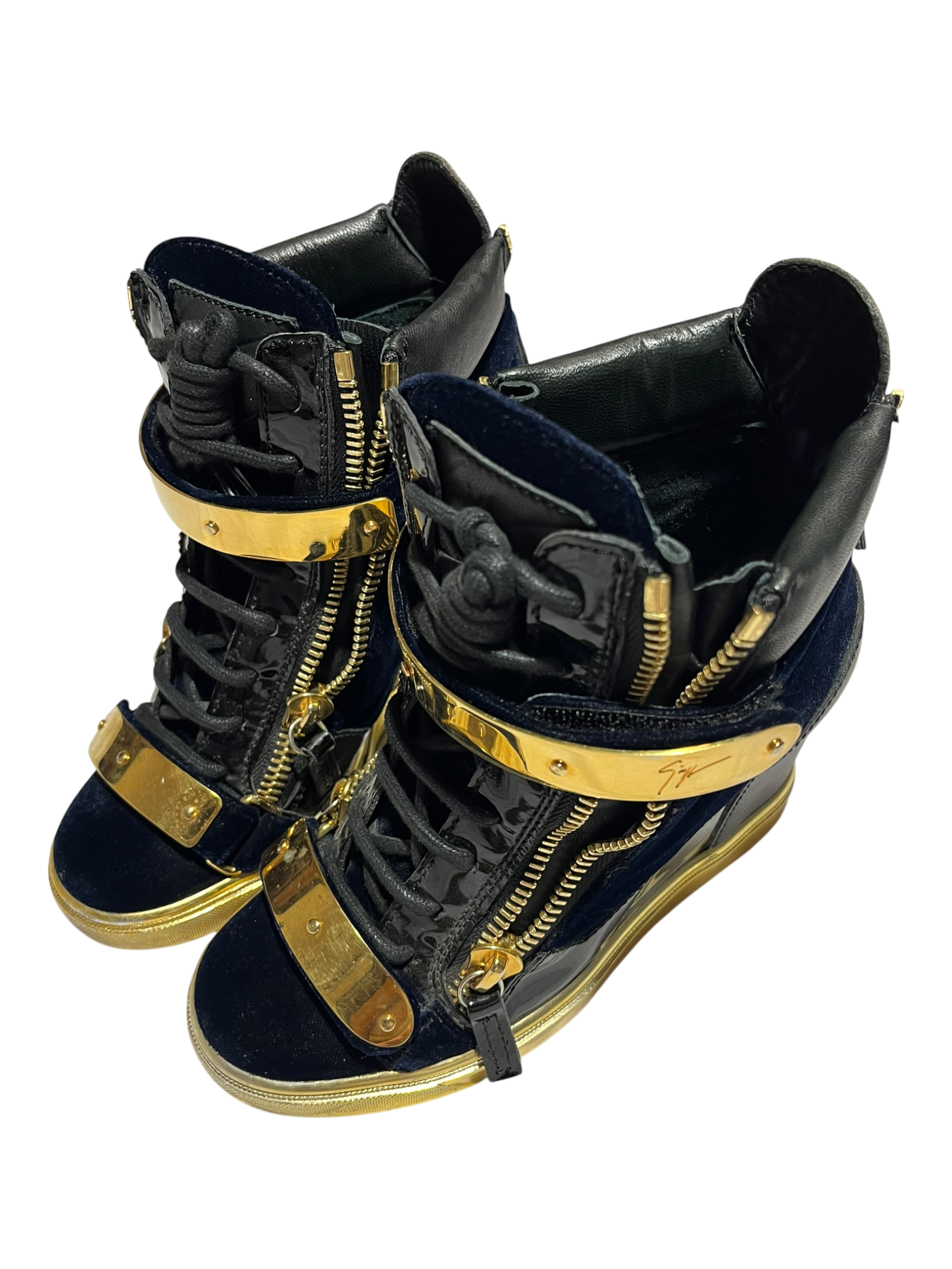 GIUSEPPE ZANOTTI 'COBY' DARK BLUE SATIN WEDGE SNEAKERS IN 36