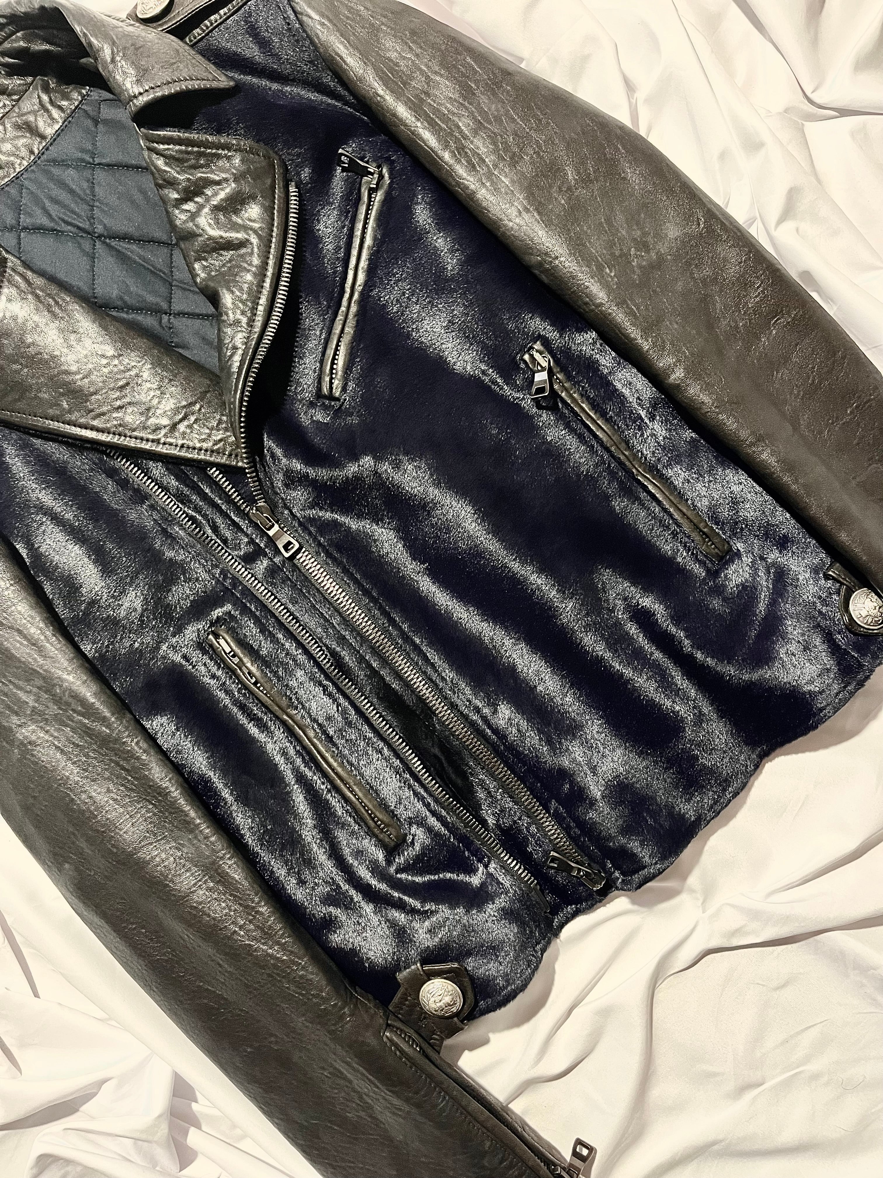 BALMAIN FW12 MIDNIGHT BLUE CALFHAIR AND COWHIDE PERFECTO BIKER JACKET IN 44