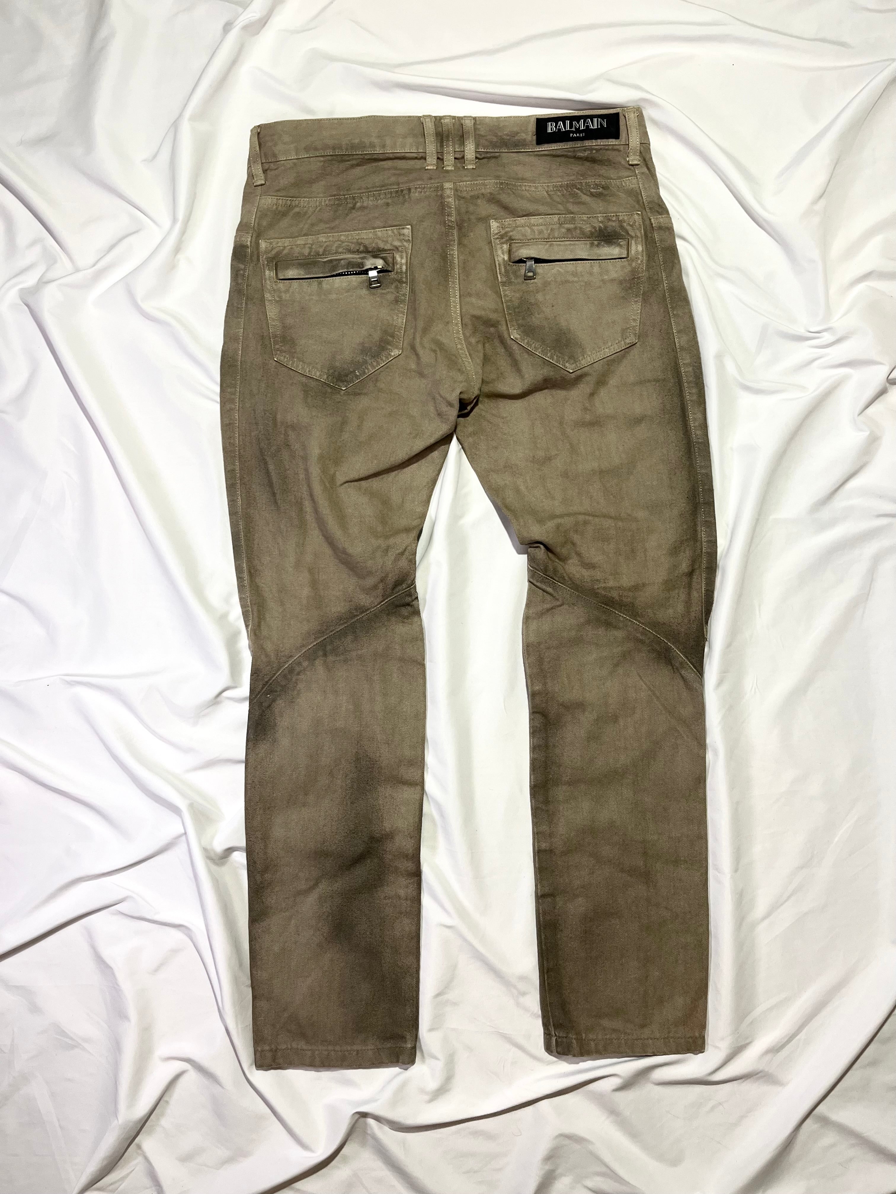BALMAIN SS13 KHAKI BIKER DENIM BY OLIVIER ROUSTEING IN W30