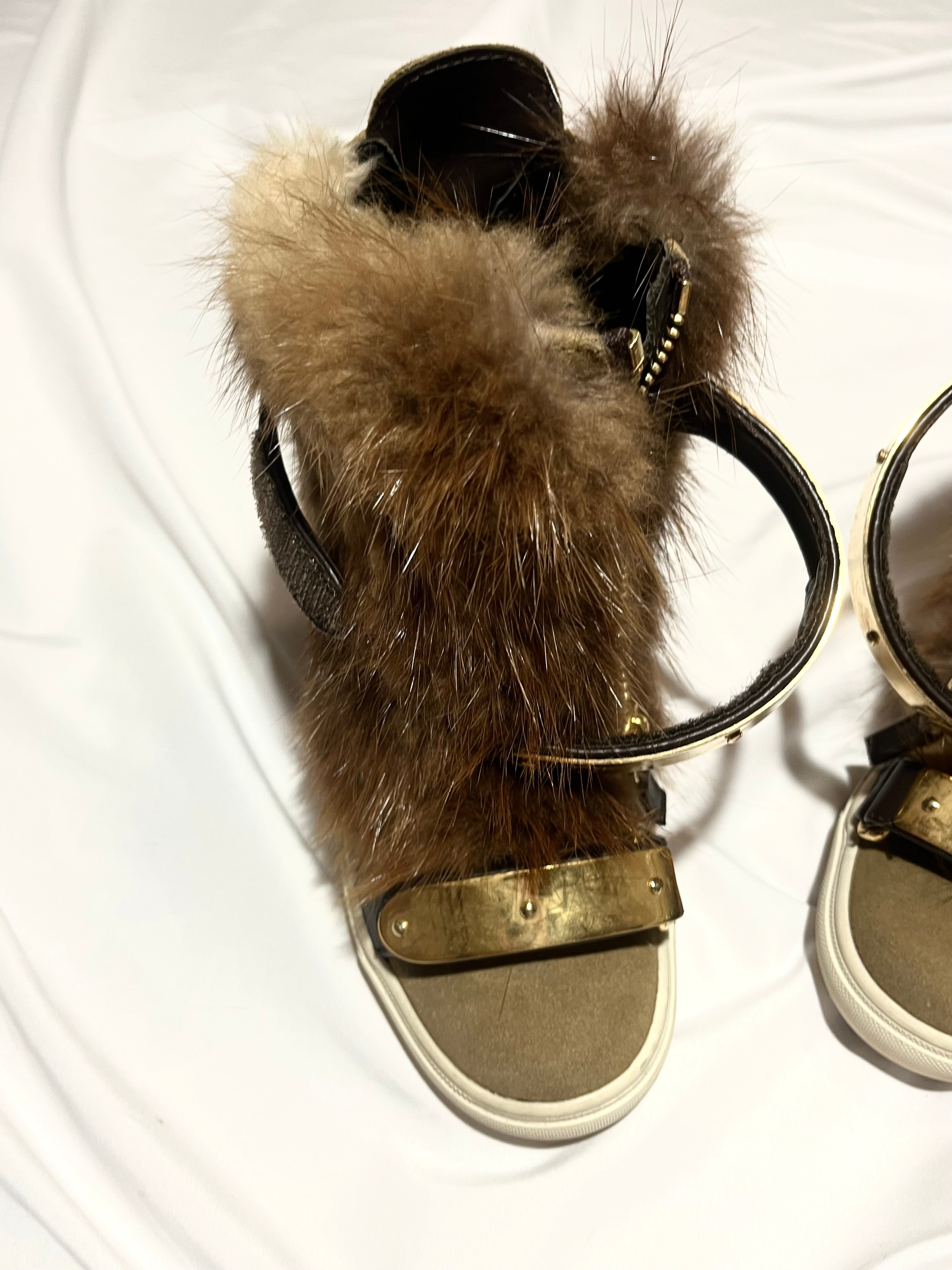 GIUSEPPE ZANOTTI 'COBY' BROWN/GOLD FUR WEDGE SNEAKERS IN 35