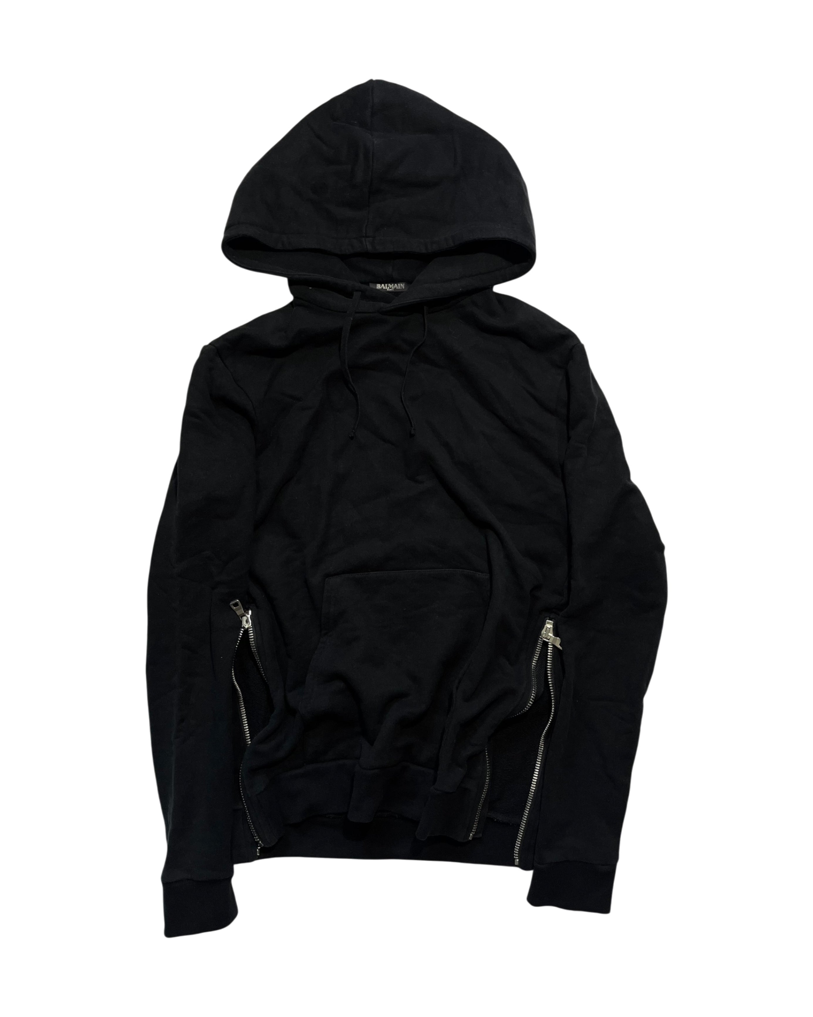 BALMAIN BLACK LATERAL ZIPPER HOODIE BY OLIVIER ROUSTEING SIZE S