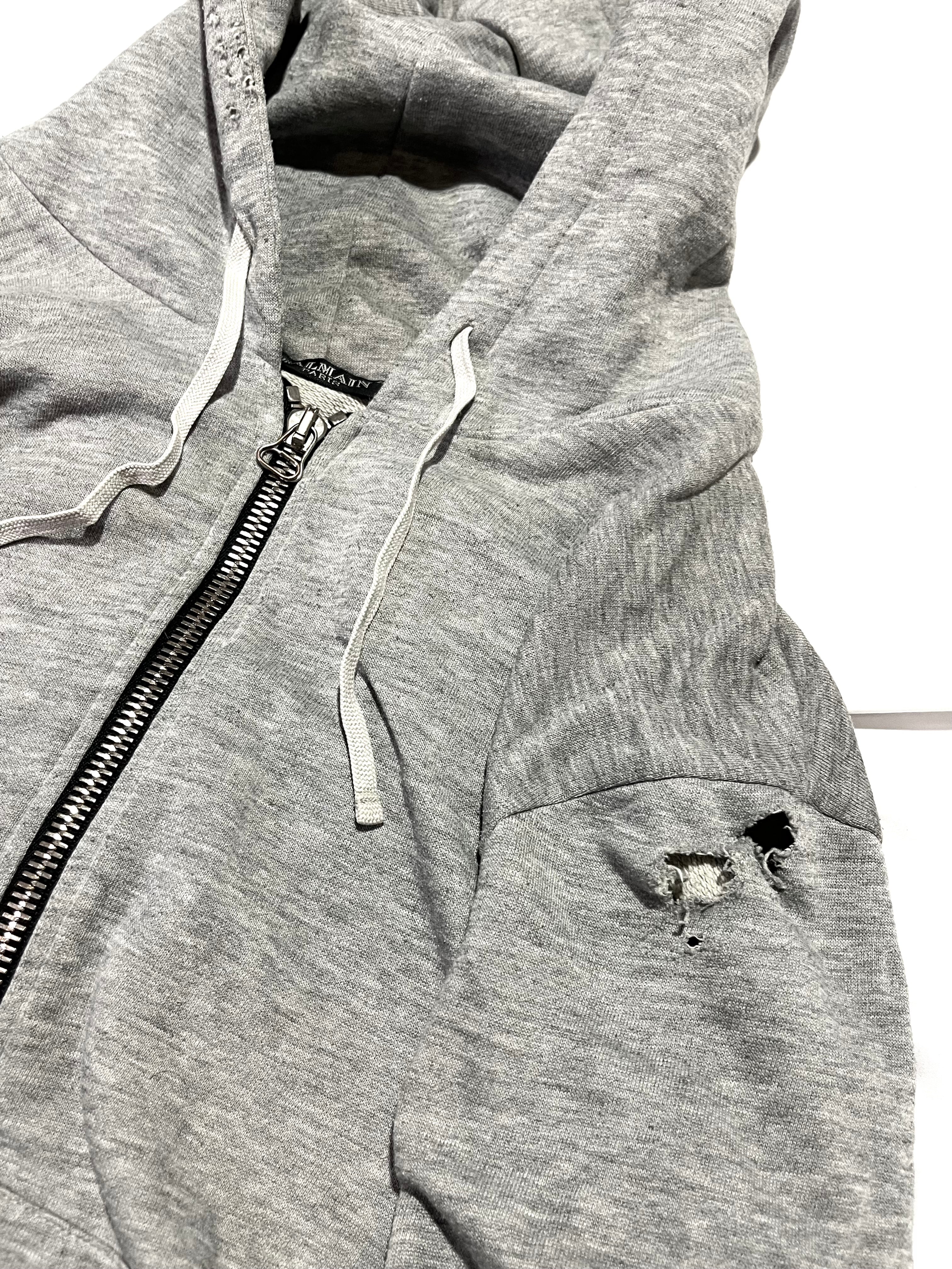 BALMAIN SS11 GRAY SHOTGUN DISTRESSED 5-ZIP HOODIE BY CRISTOPHE DECARNIN SIZE M