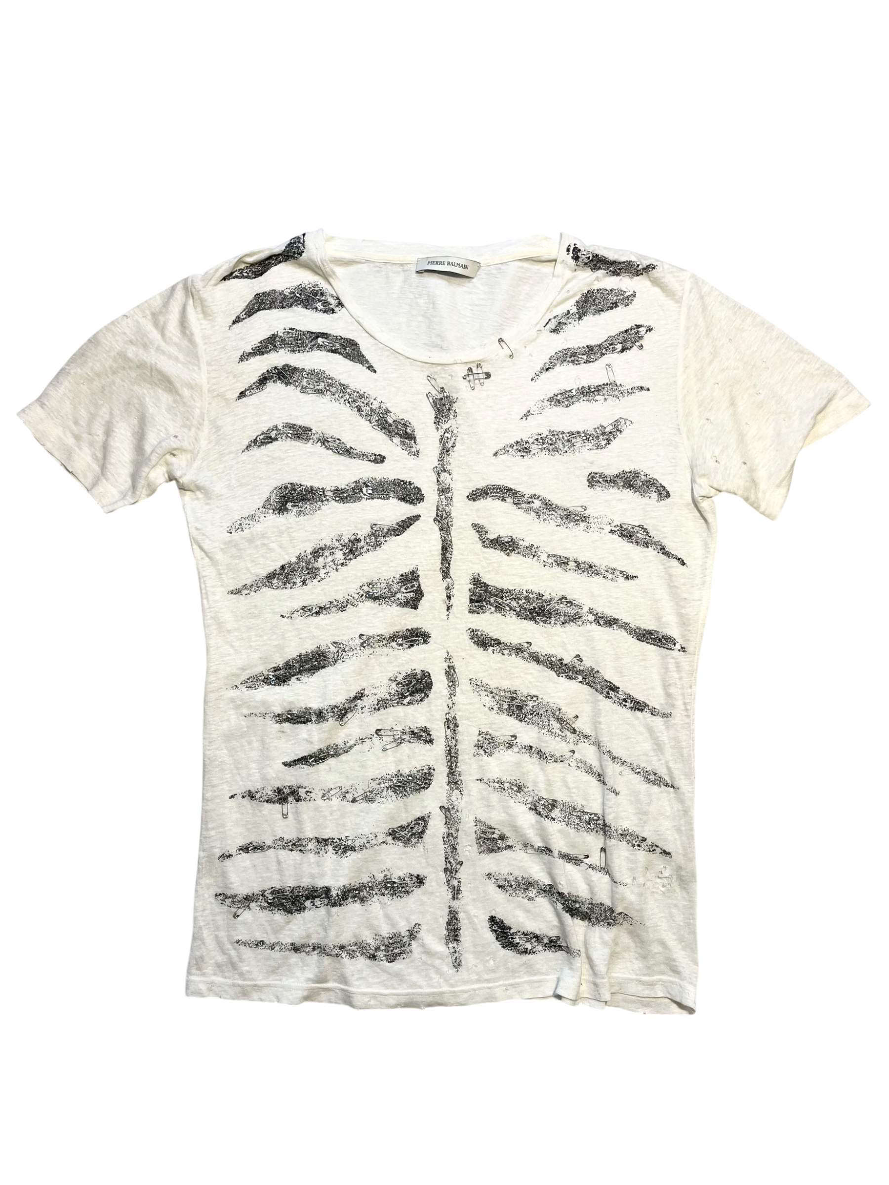 PIERRE BALMAIN "RIBCAGE" DISTRESSED SAFETY PIN T-SHIRT