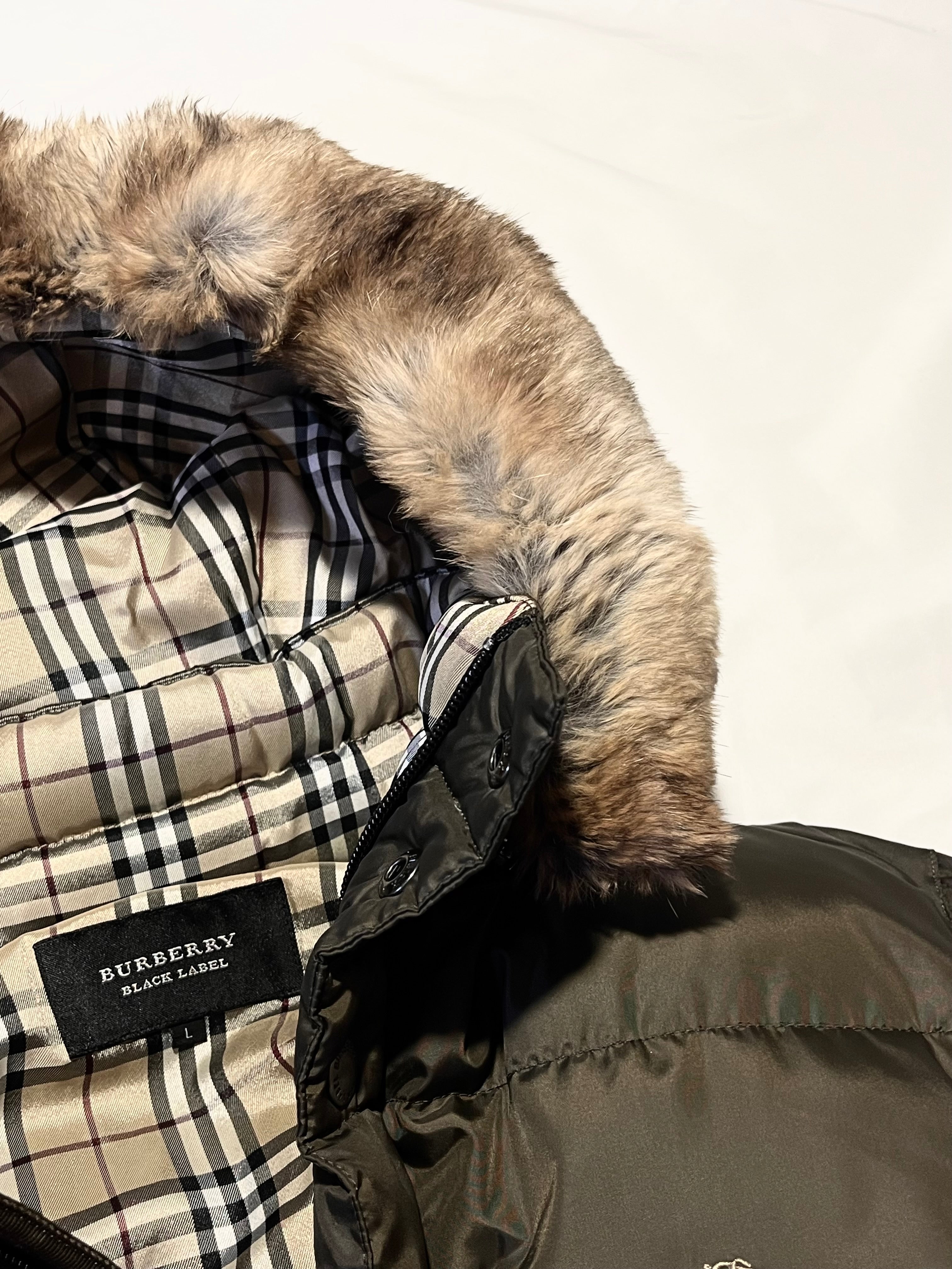 BURBERRY BLACK LABEL 2009 DARK GREEN REAL FUR OG NOVA CHECK PUFFER DOWN JACKET