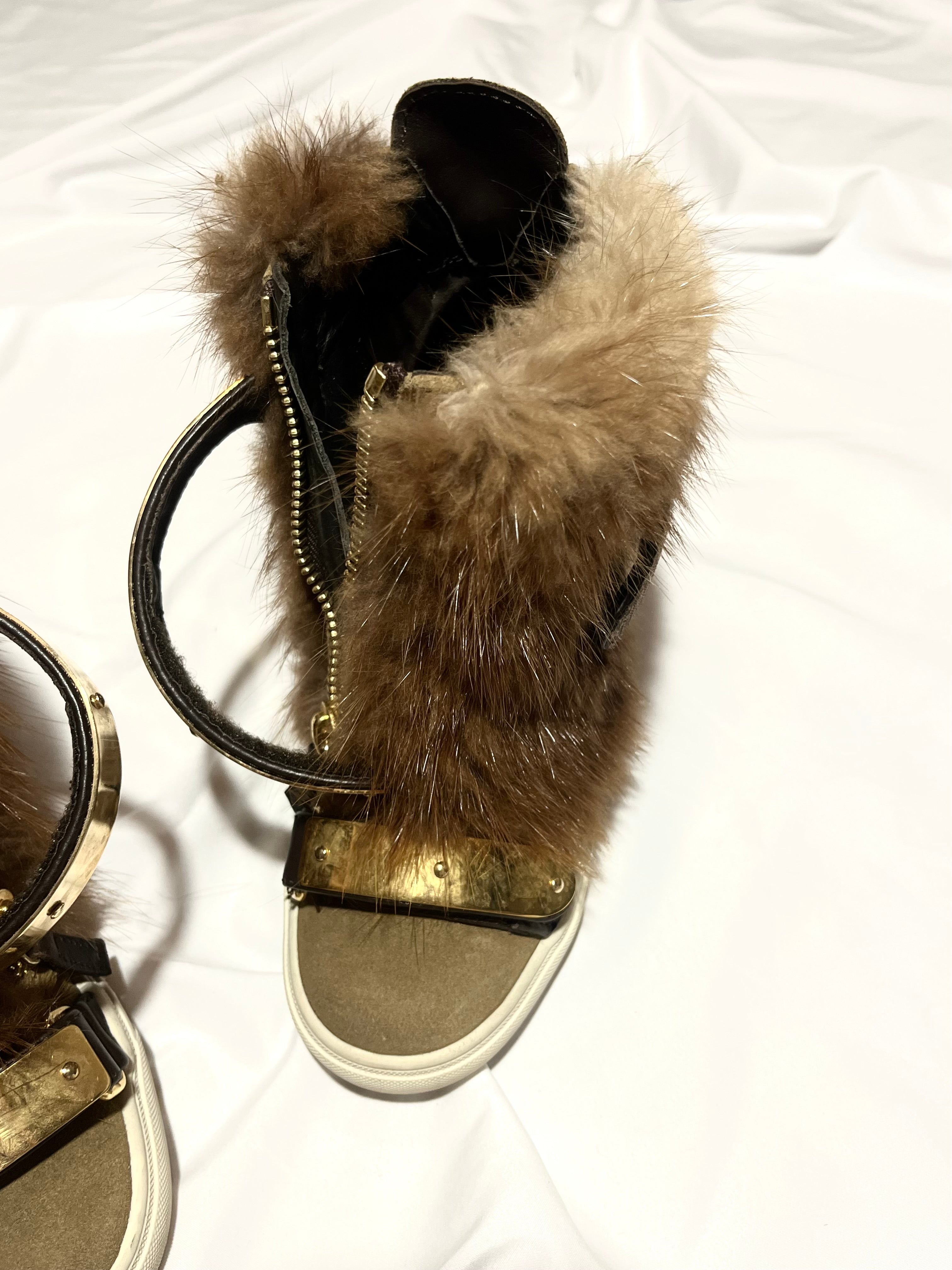 GIUSEPPE ZANOTTI 'COBY' BROWN/GOLD FUR WEDGE SNEAKERS IN 35