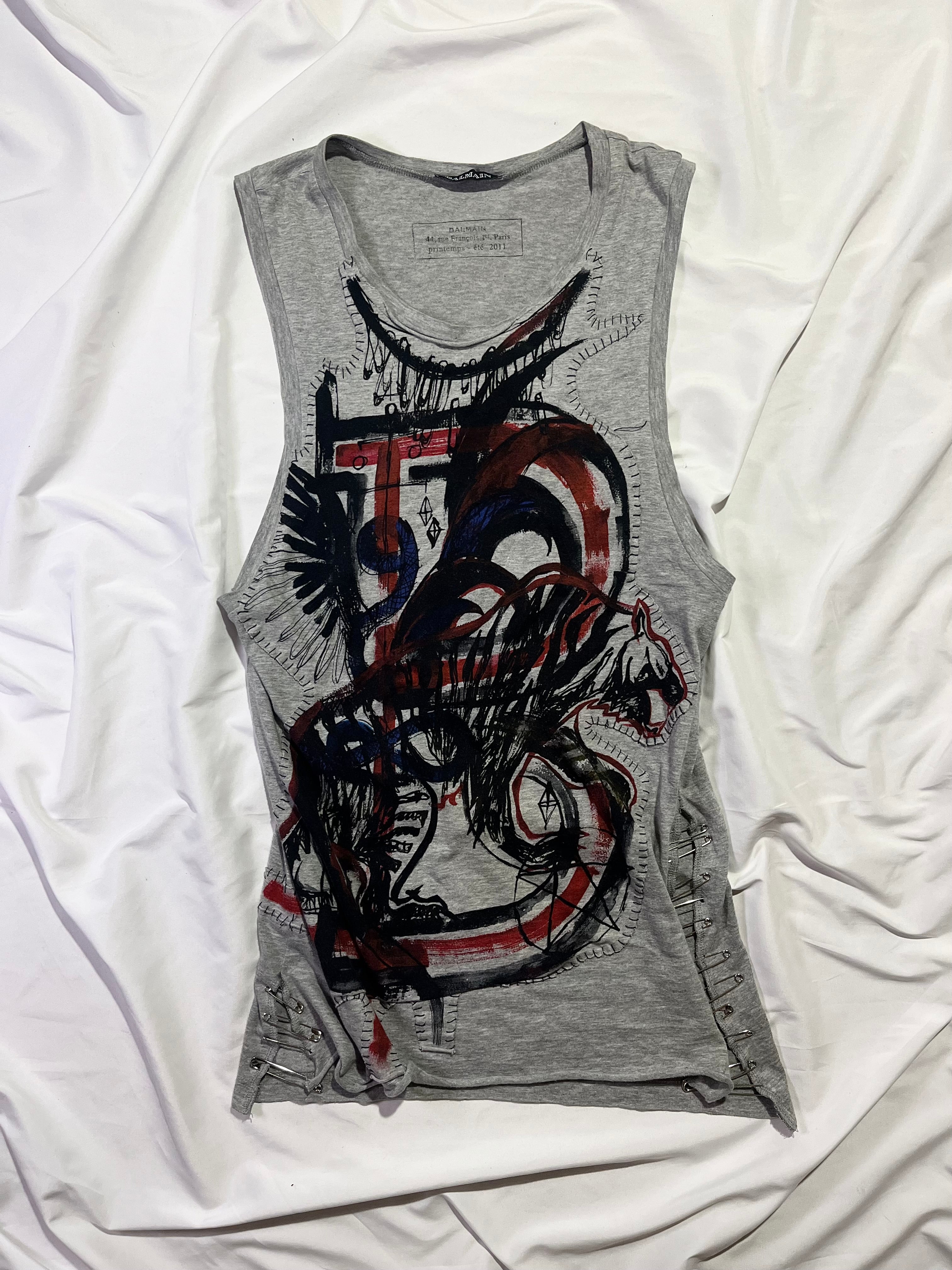 BALMAIN SS11 SAFETY PIN GREY TANK TOP BY CRISTOPHE DECARNIN