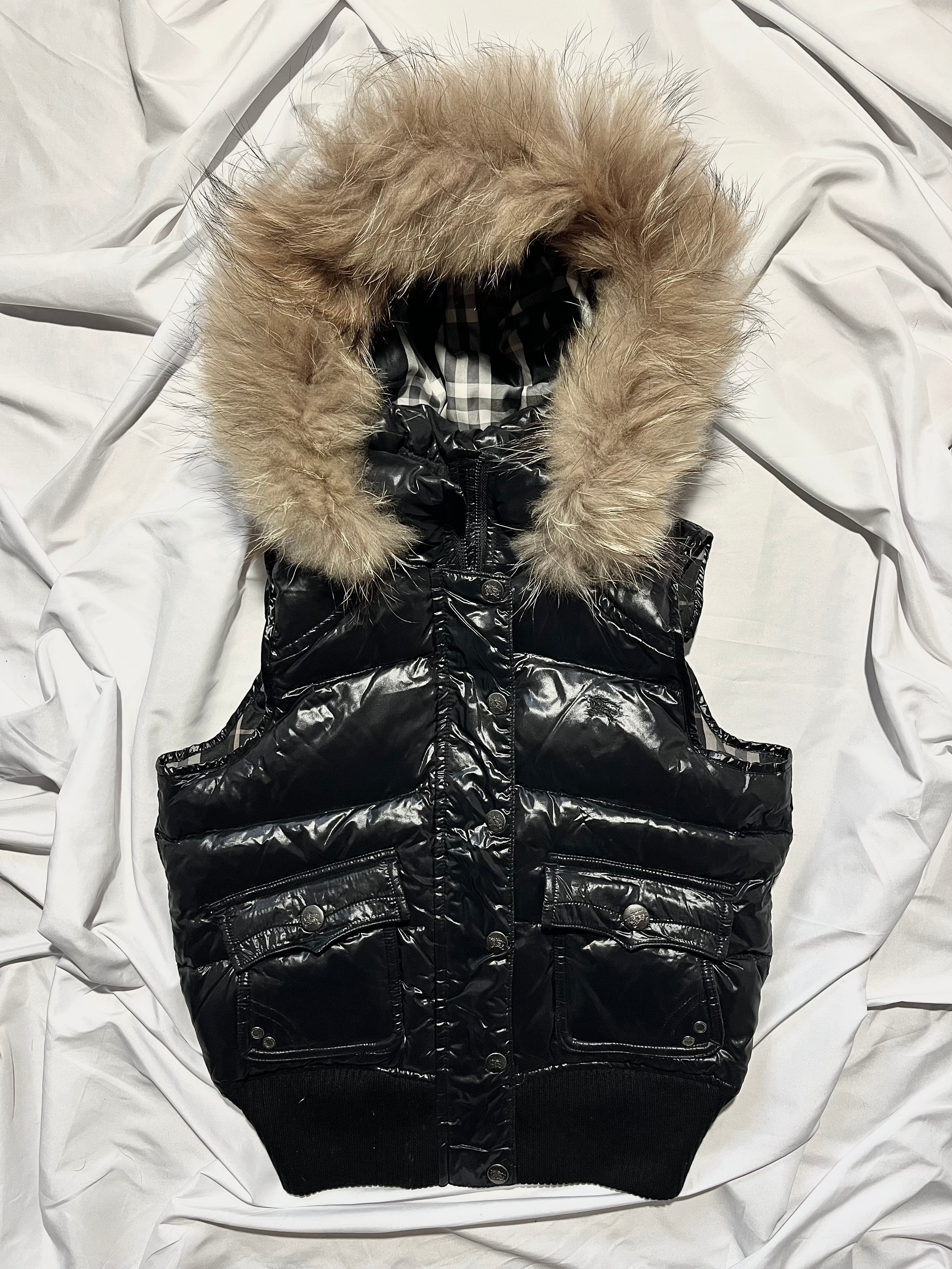 BURBERRY BLUE LABEL 2000S REAL FUR NOVA CHECK PUFFER DOWN VEST