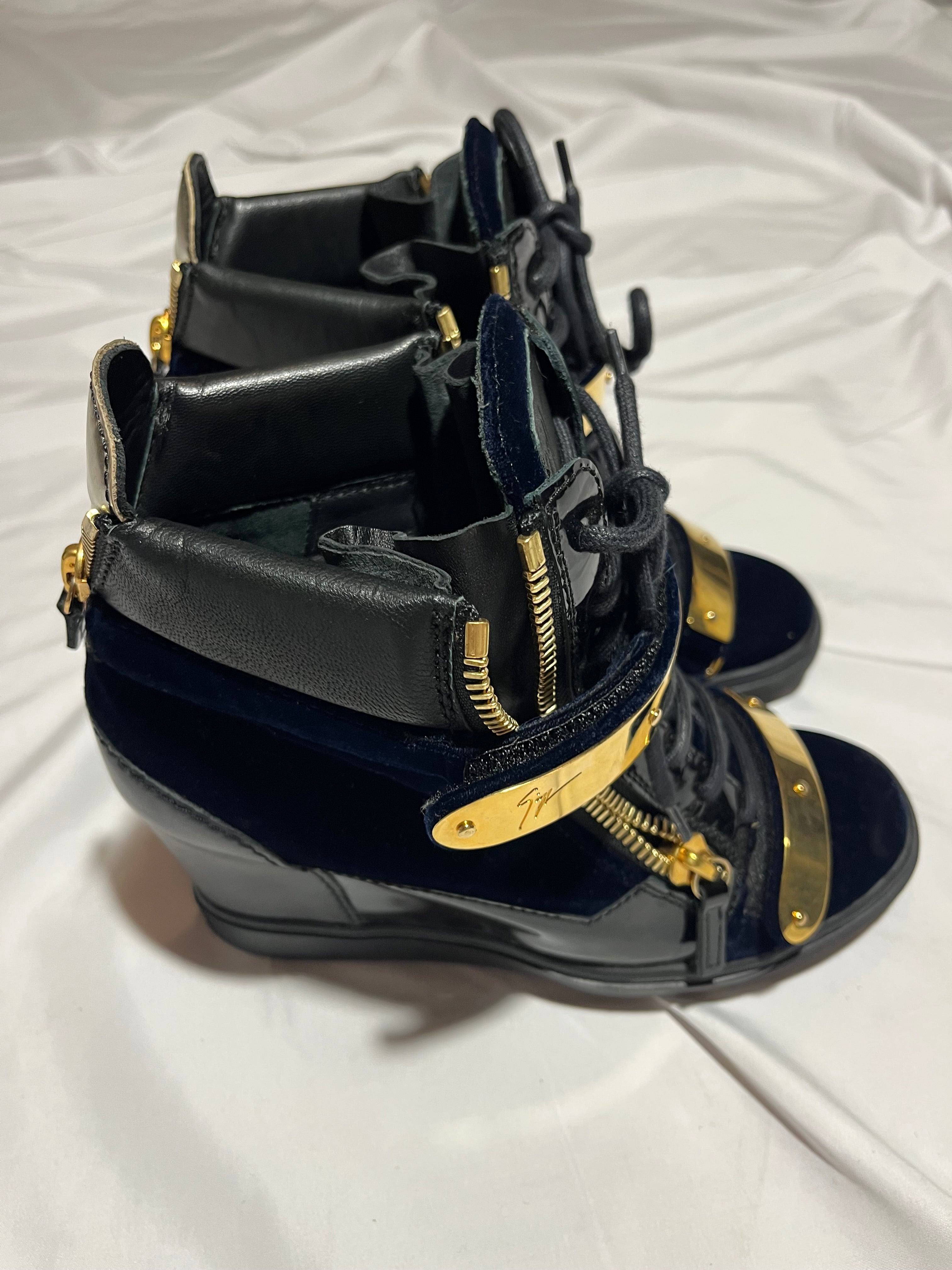 GIUSEPPE ZANOTTI 'COBY' DARK BLUE SATIN WEDGE SNEAKERS IN 38
