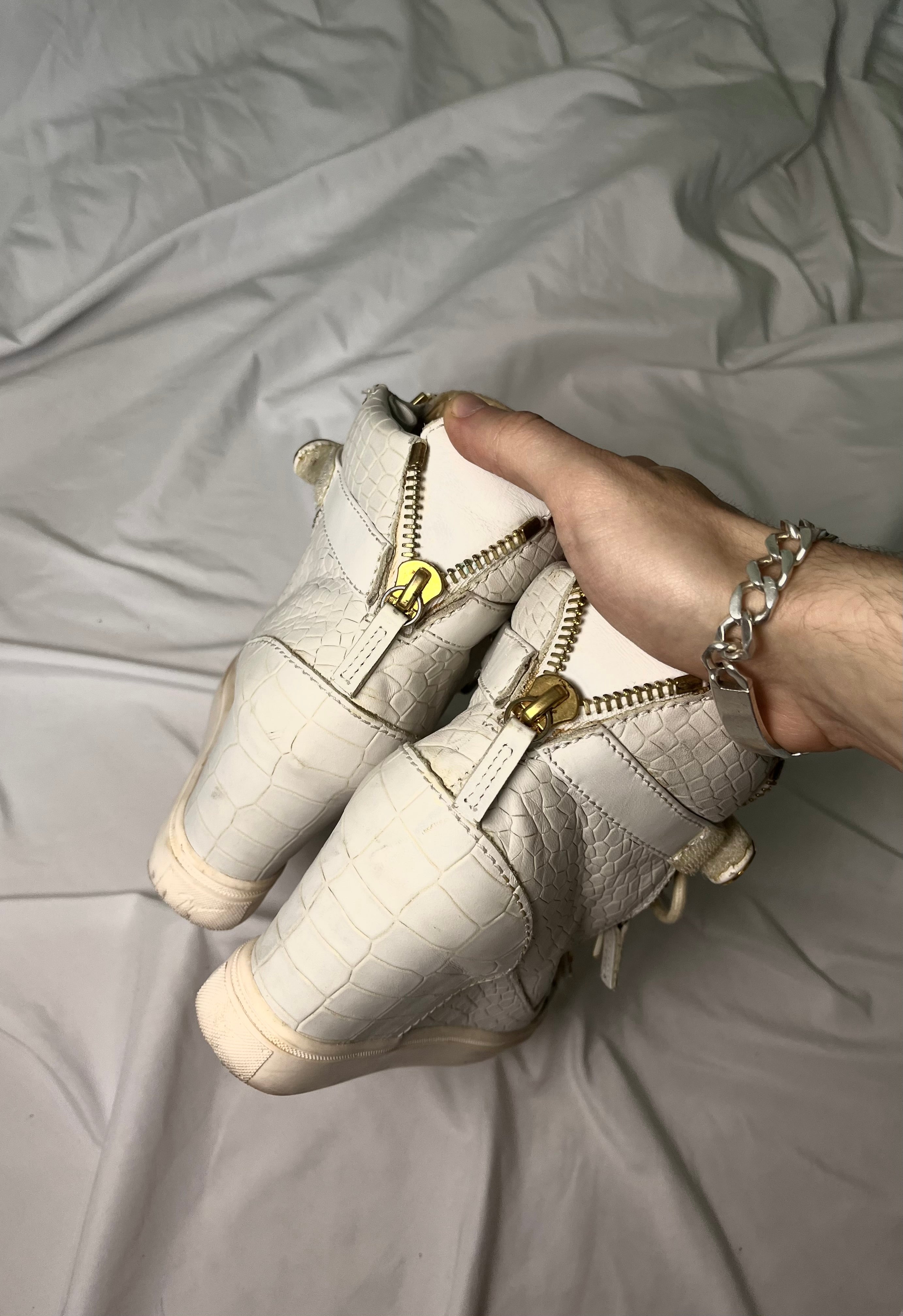 GIUSEPPE ZANOTTI “COBY” WEDGE SNEAKERS WHITE/GOLD SNAKESKIN