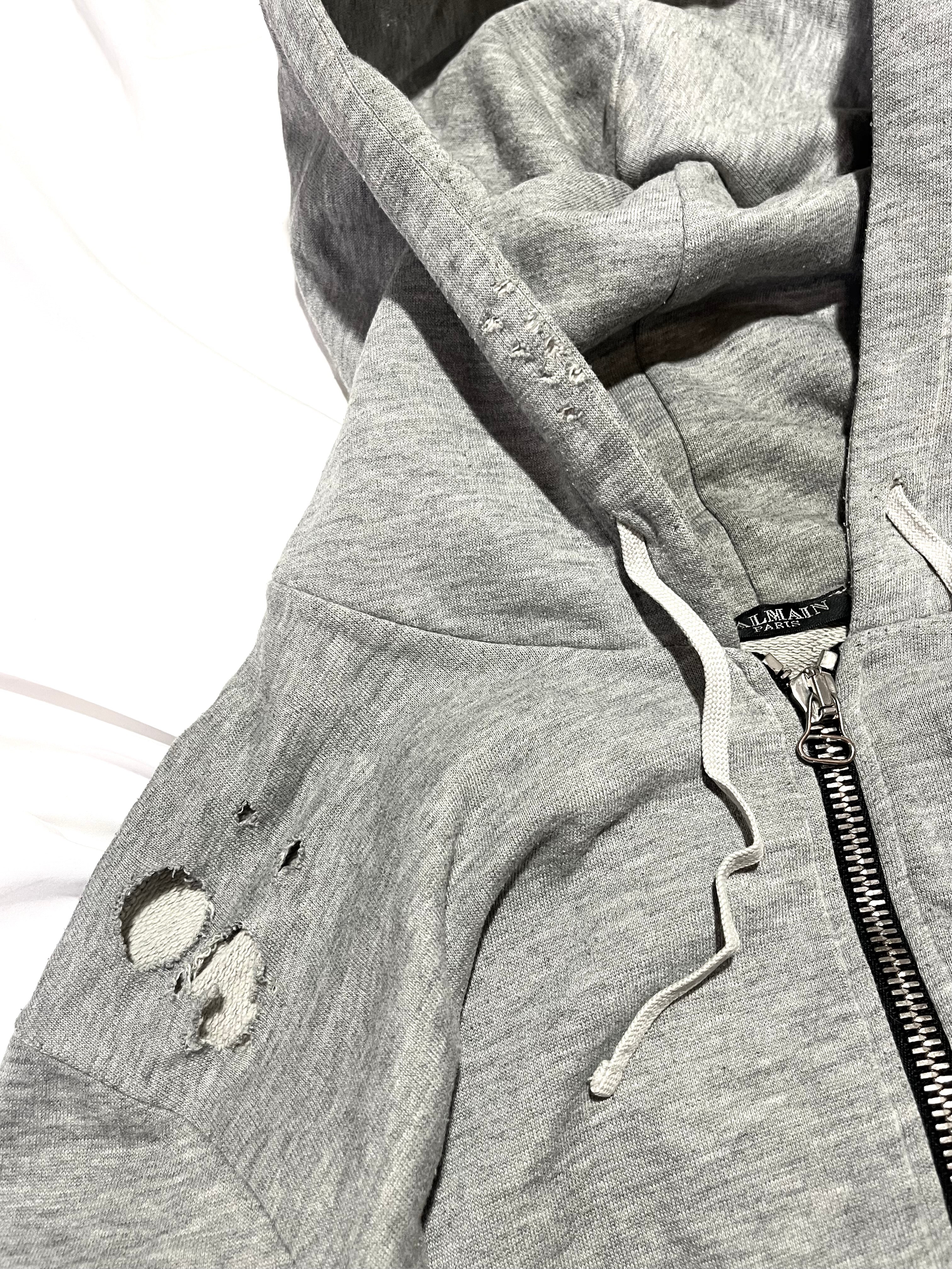 BALMAIN SS11 GRAY SHOTGUN DISTRESSED 5-ZIP HOODIE BY CRISTOPHE DECARNIN SIZE M