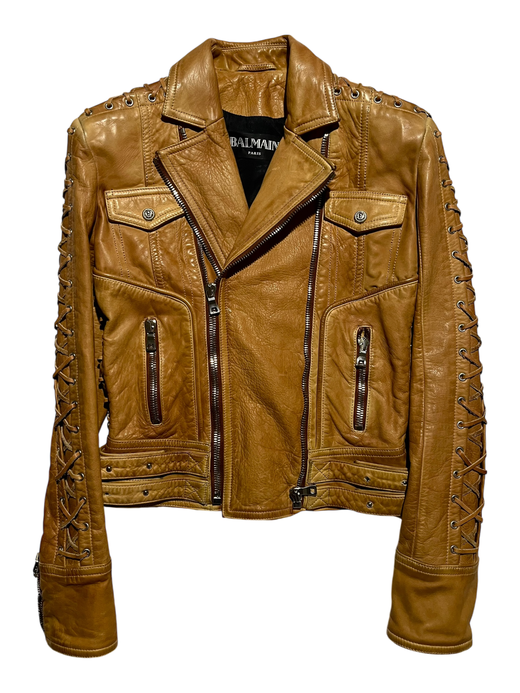 BALMAIN STITCHED SLEEVES PERFECTO BIKER JACKET IN 36 BY OLIVIER ROUSTEING