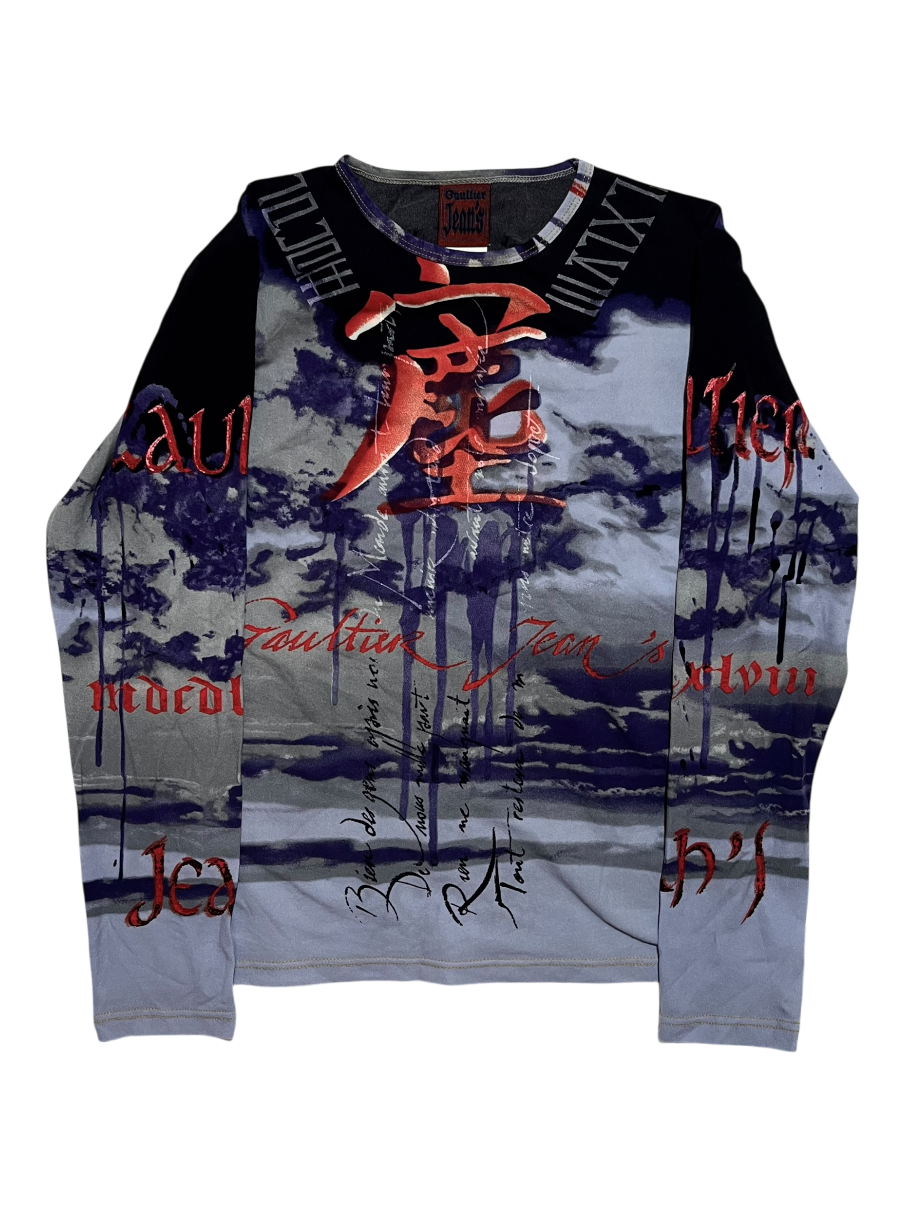 JEAN PAUL GAULTIER CHINESE CHARACTERS SPELLOUT BLUE/DARK RED VINTAGE TOP