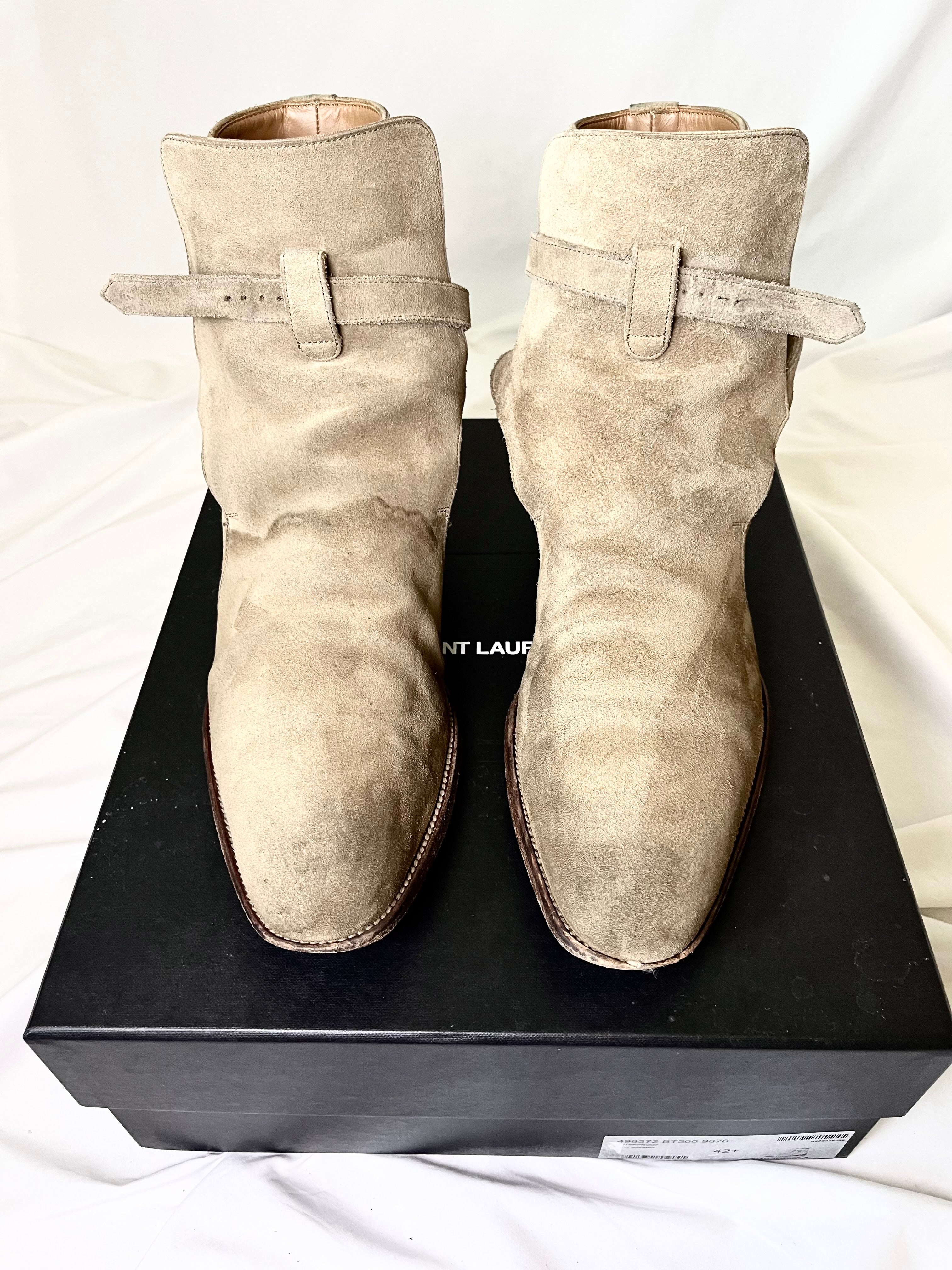 SAINT LAURENT PARIS KHAKI SUEDE LEATHER "JODHPUR" STRAP BOOTS IN 42