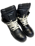 RICK OWENS TRIPLE BLACK LEATHER GEOBASKETS IN 41.5