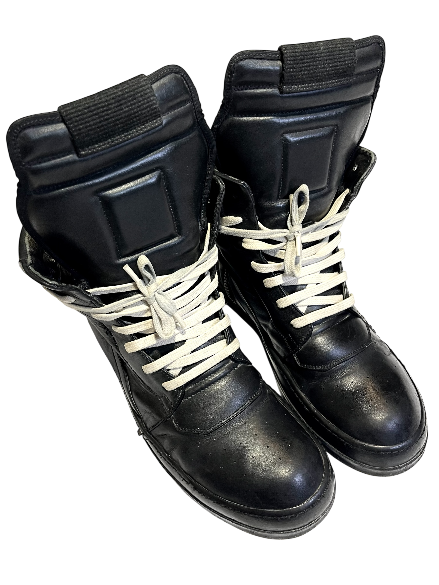 RICK OWENS TRIPLE BLACK LEATHER GEOBASKETS IN 41.5