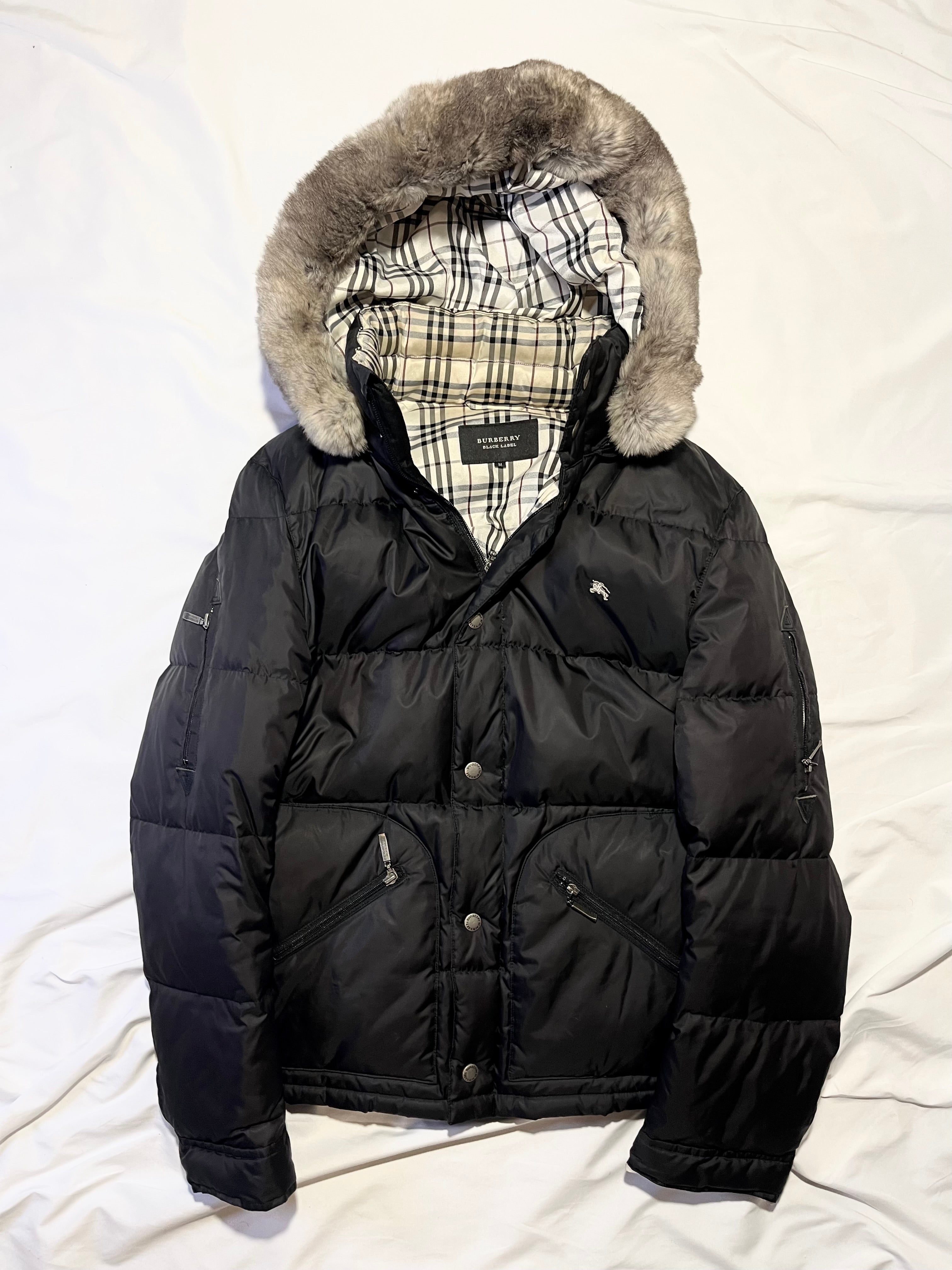 BURBERRY BLACK LABEL 2009 BLACK REAL FUR OG NOVA CHECK PUFFER DOWN JACKET