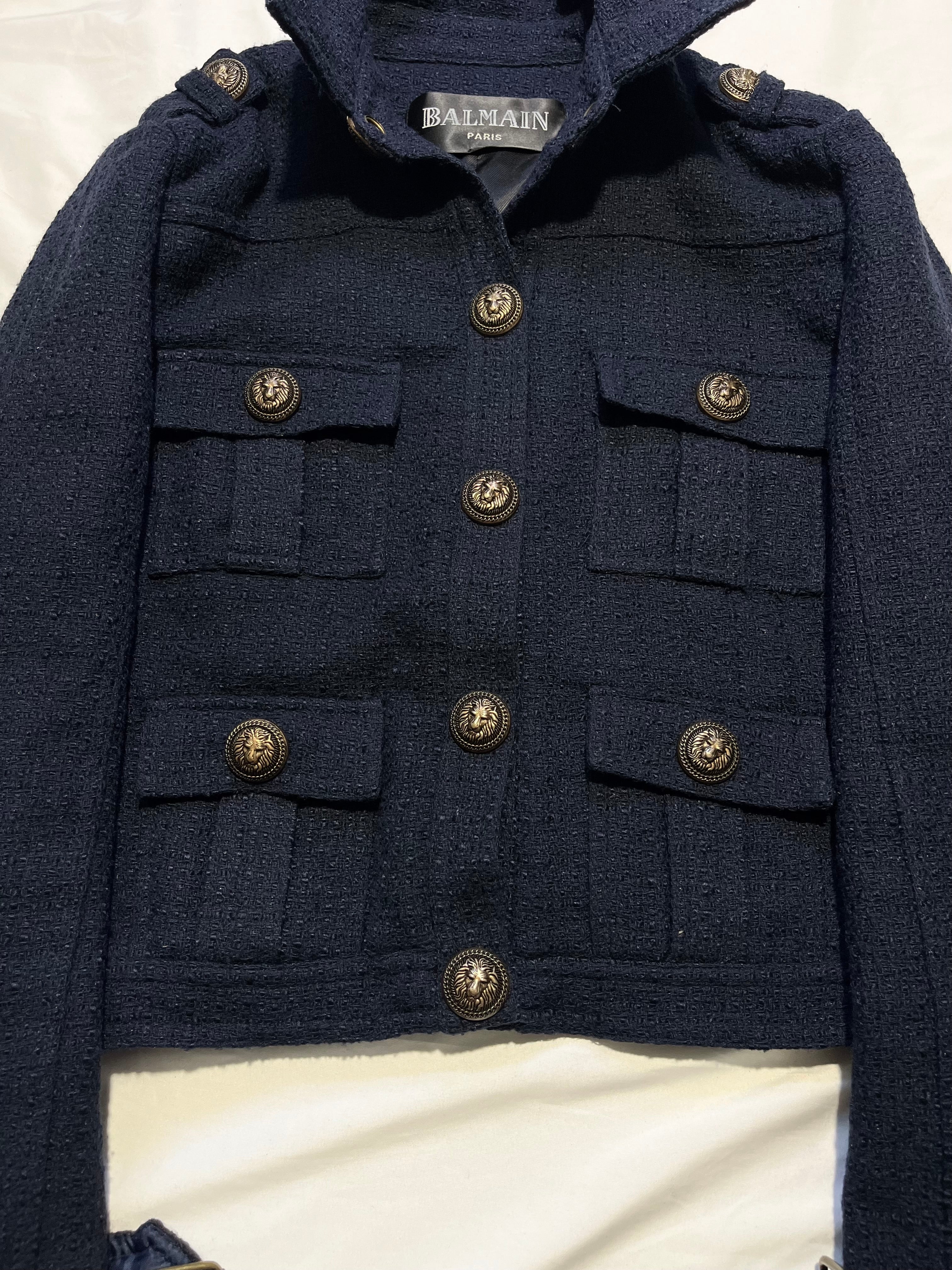 BALMAIN MILITARY STRAP TWEED JACKET IN NAVY