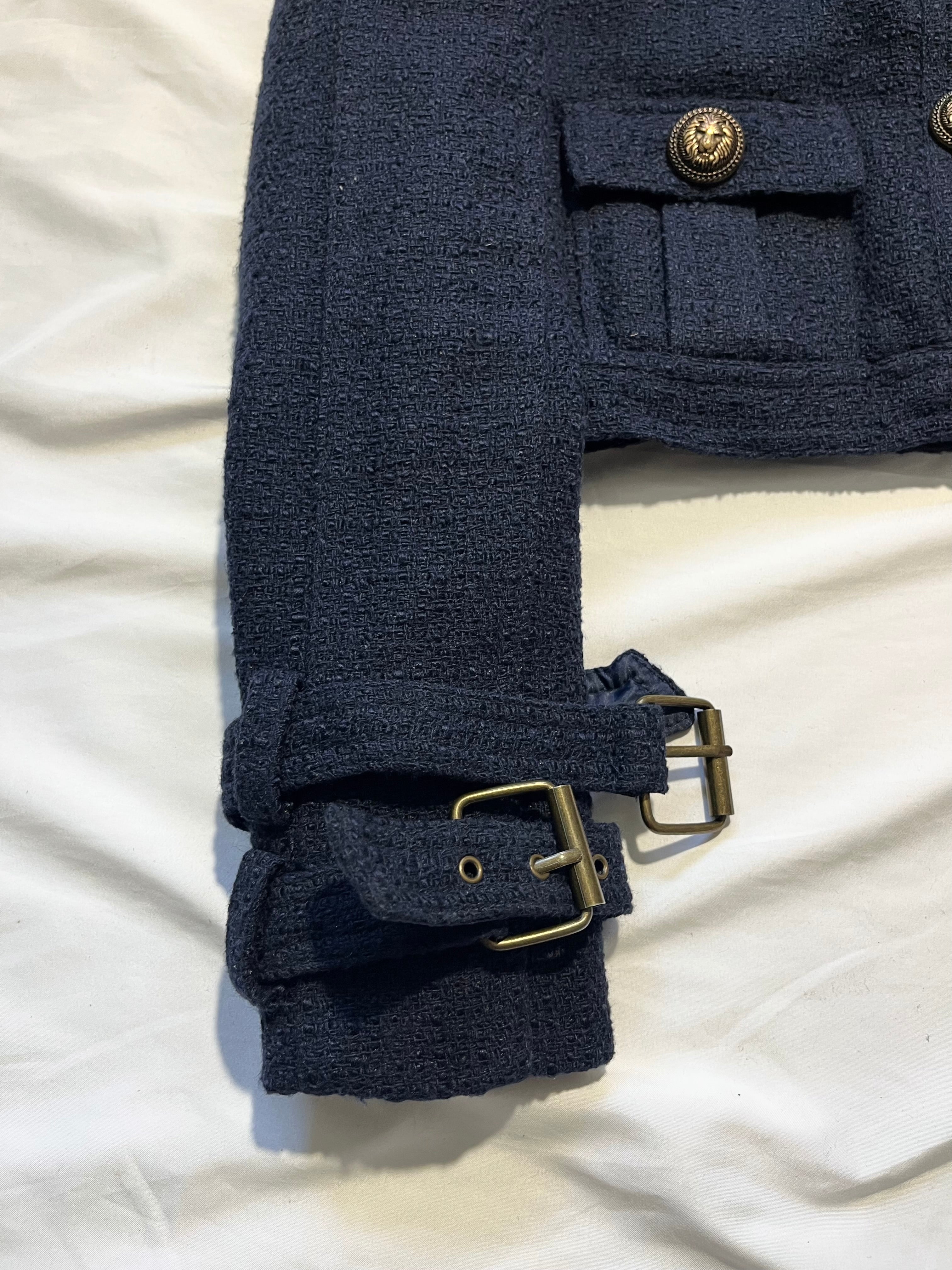 BALMAIN MILITARY STRAP TWEED JACKET IN NAVY