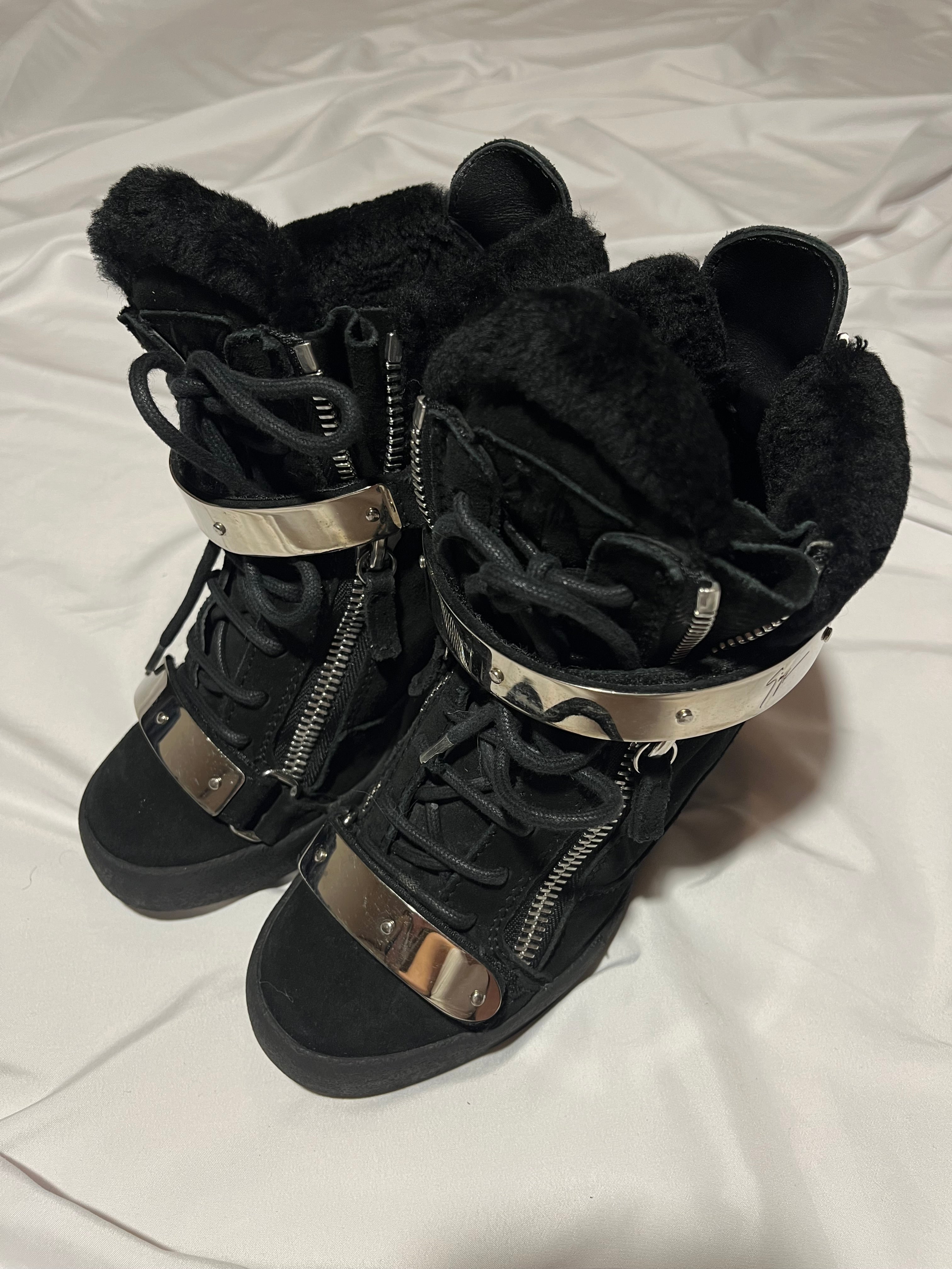 GIUSEPPE ZANOTTI 'COBY' BLACK / SILVER SHEARLING WEDGE SNEAKERS IN 36