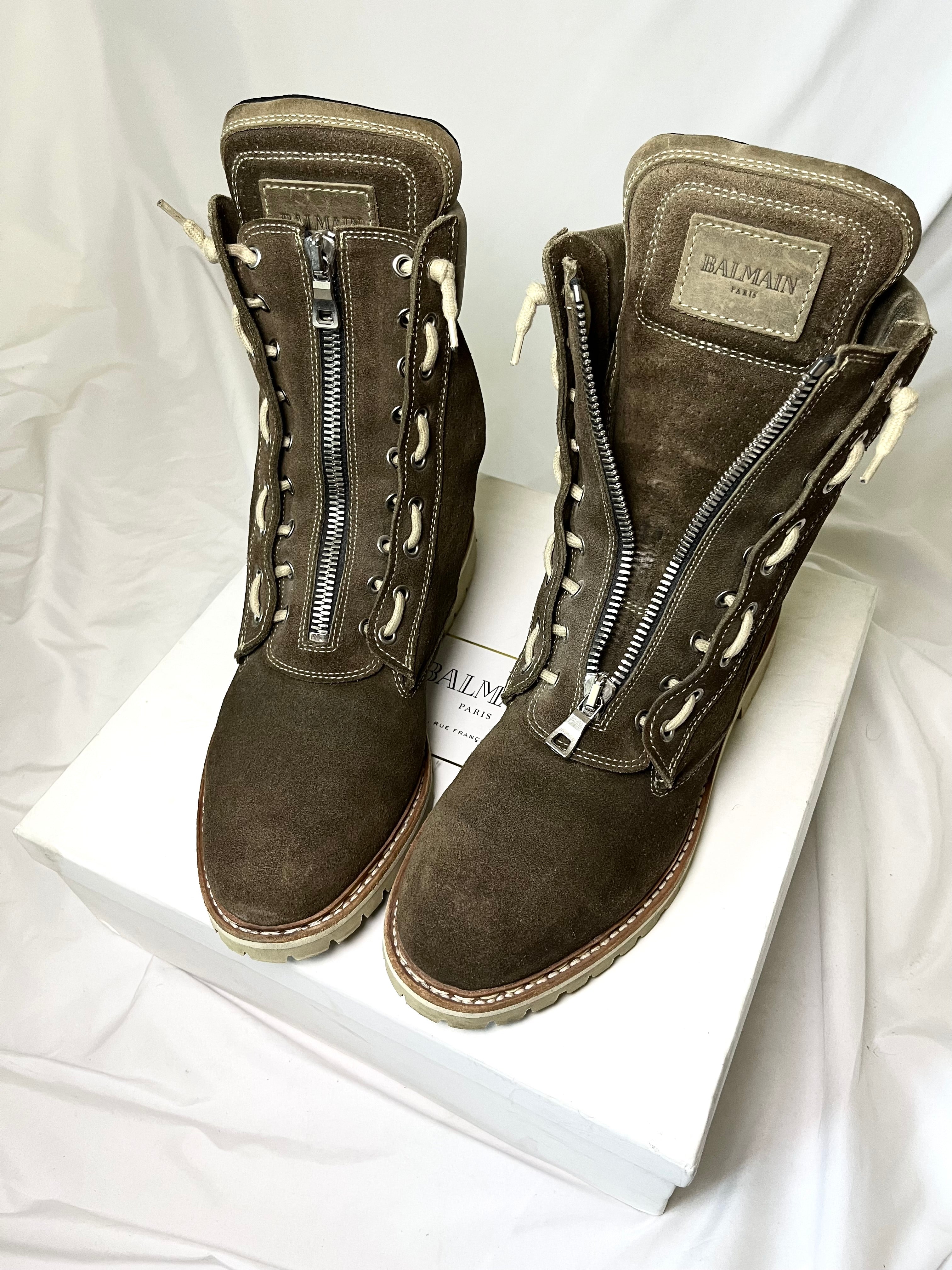 BALMAIN BROWN SUEDE ZIP RANGER BOOTS IN 45