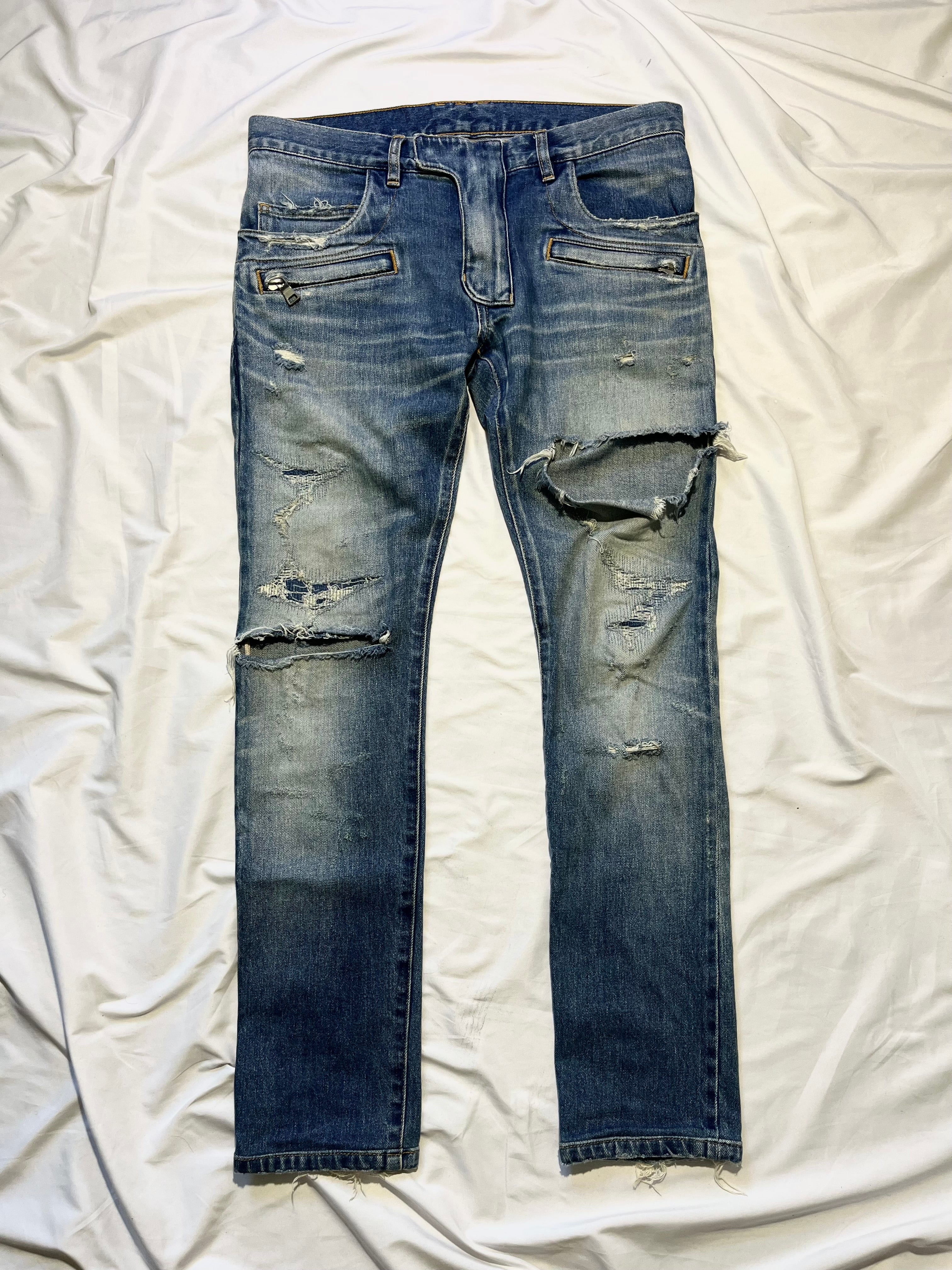 BALMAIN DESTROYED CRASH BIKER DENIM BY OLIVIER ROUSTEING