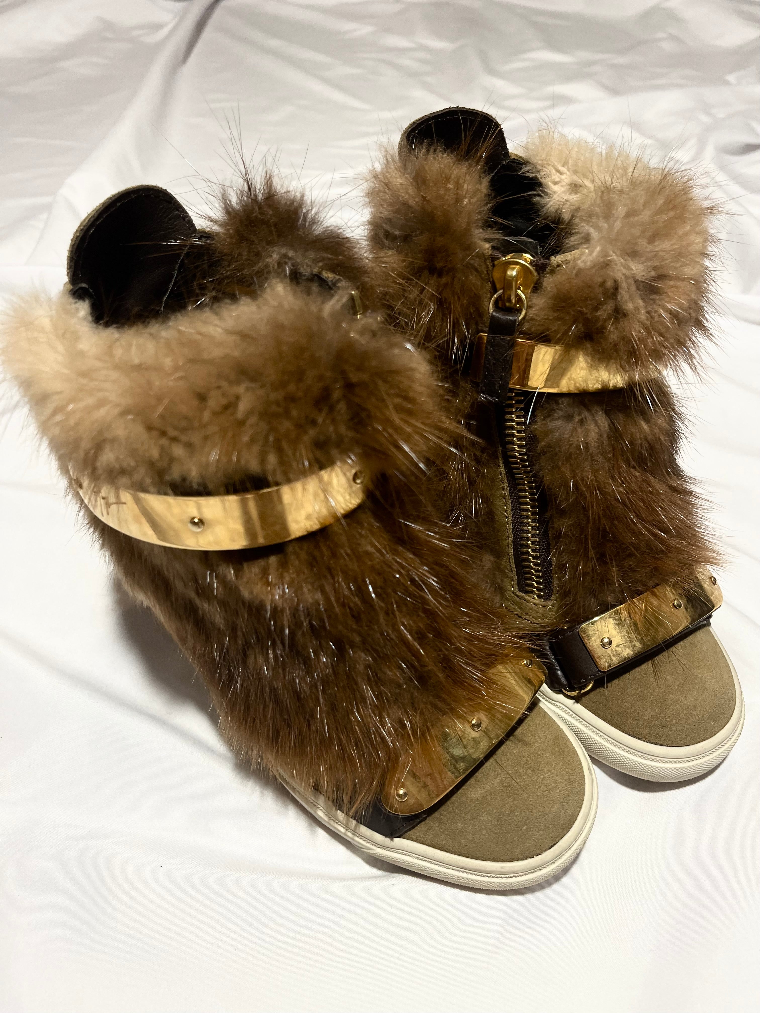 GIUSEPPE ZANOTTI 'COBY' BROWN/GOLD FUR WEDGE SNEAKERS IN 35