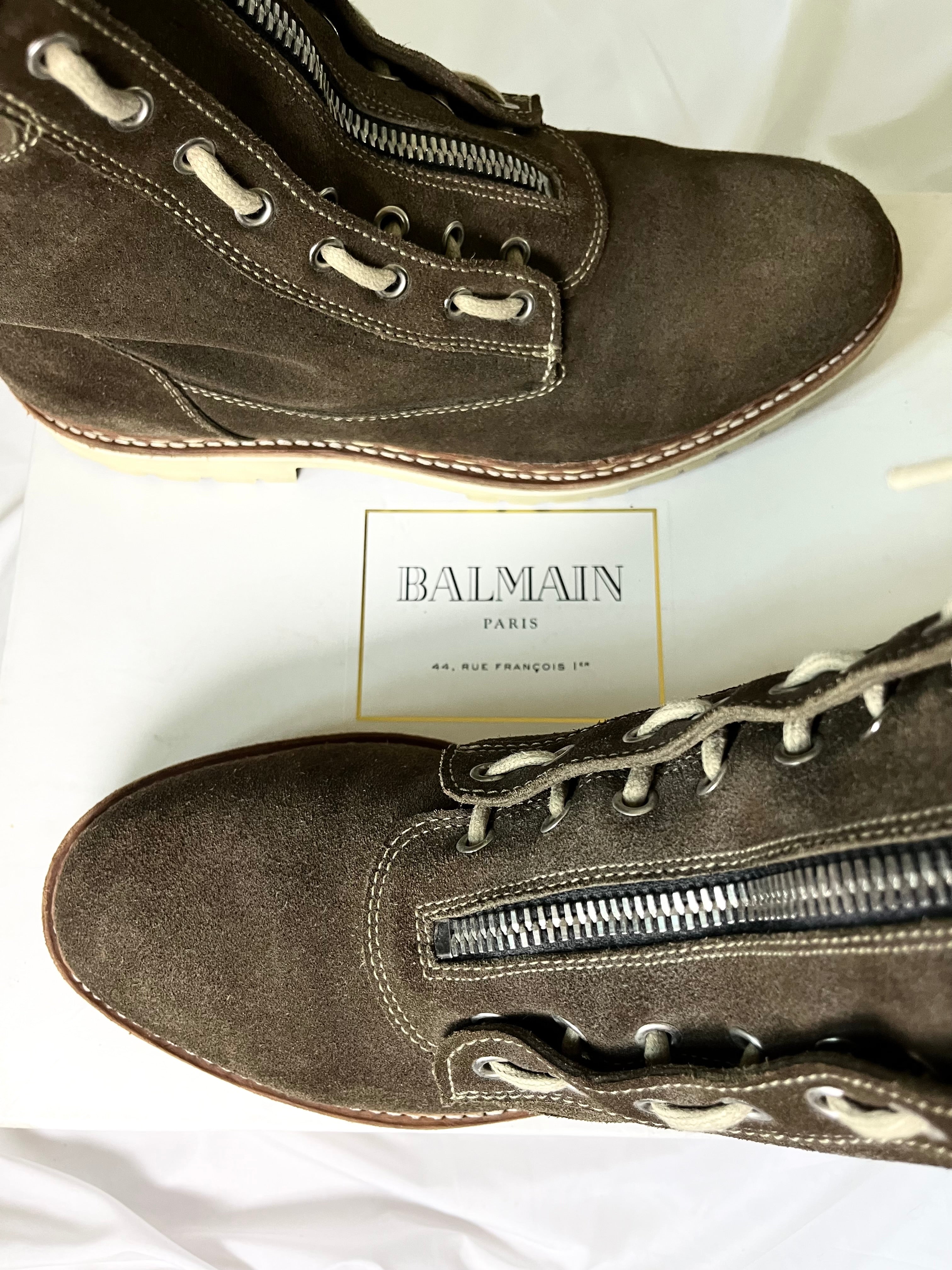 BALMAIN BROWN SUEDE ZIP RANGER BOOTS IN 45