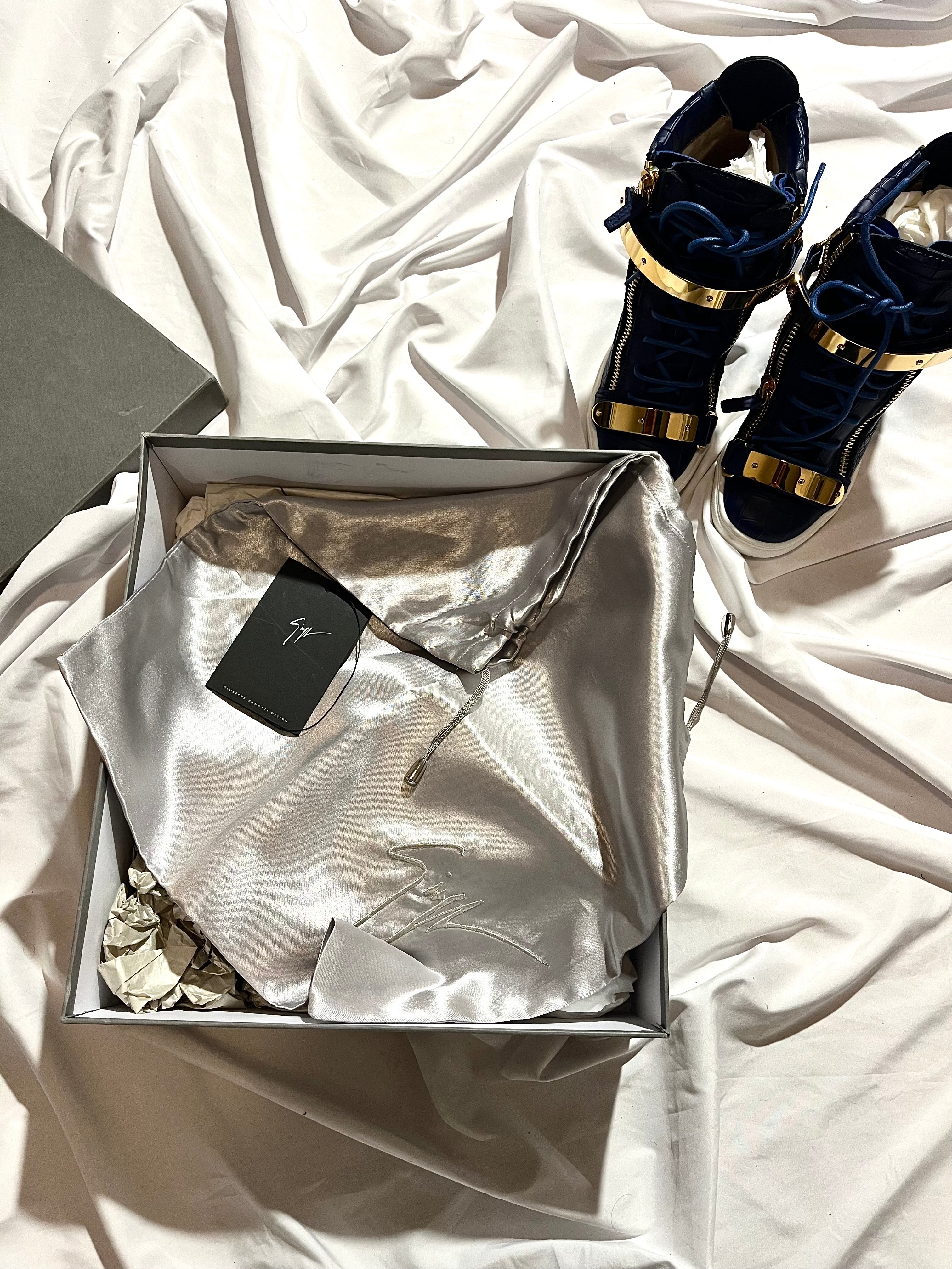 GIUSEPPE ZANOTTI 'COBY' ROYAL BLUE CROCODILE WEDGE SNEAKERS IN 37
