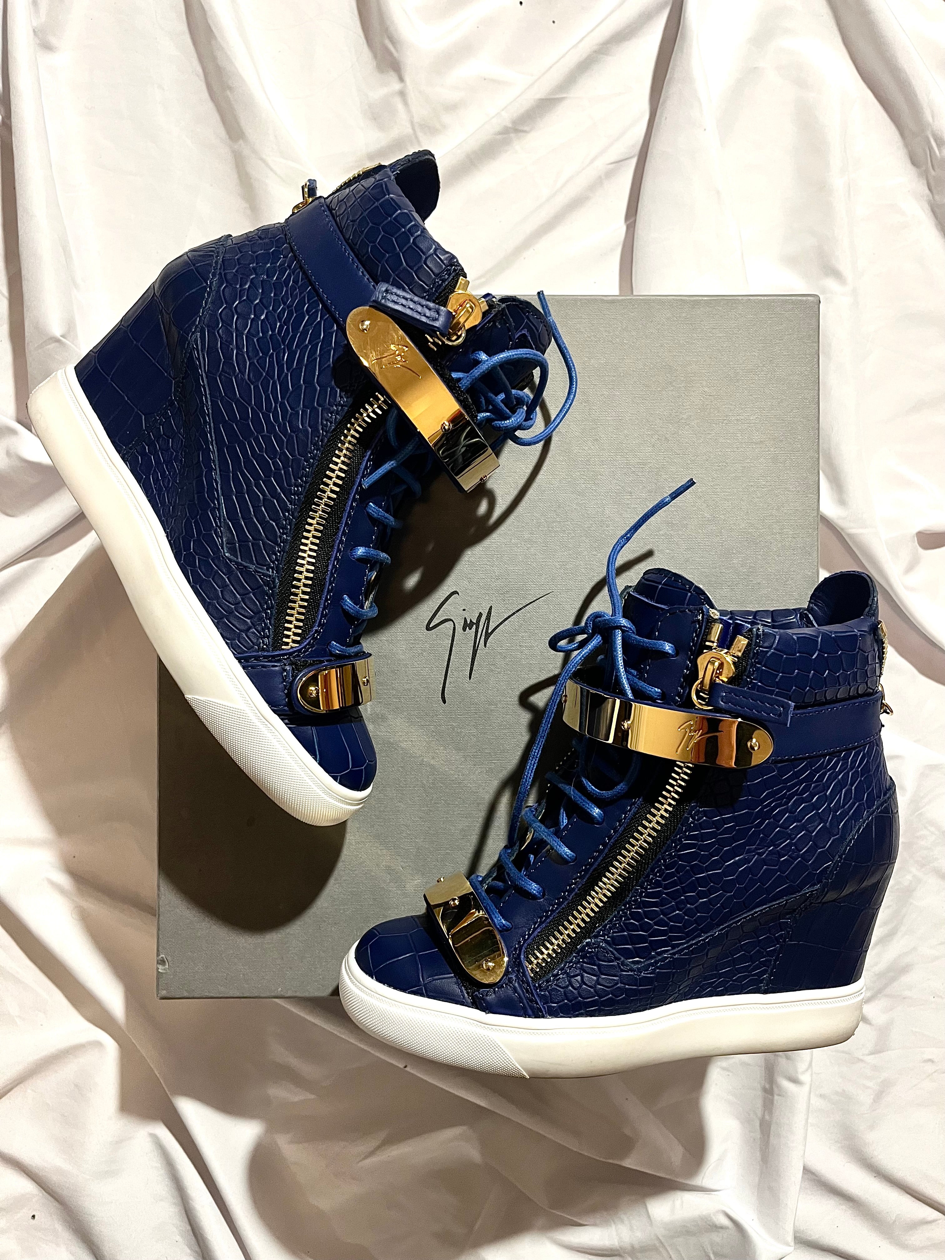 GIUSEPPE ZANOTTI 'COBY' ROYAL BLUE CROCODILE WEDGE SNEAKERS IN 37