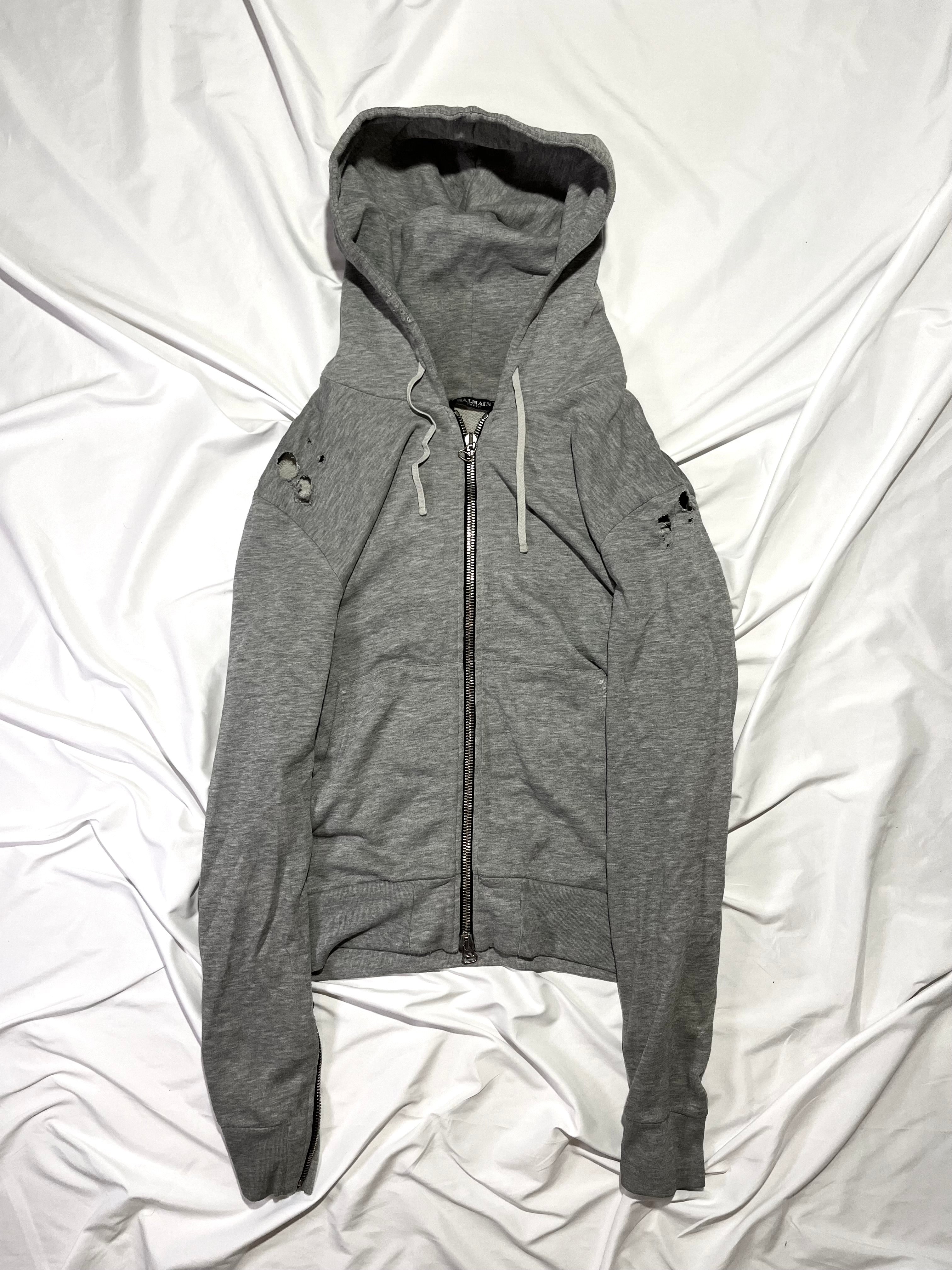 BALMAIN SS11 GRAY SHOTGUN DISTRESSED 5-ZIP HOODIE BY CRISTOPHE DECARNIN SIZE M