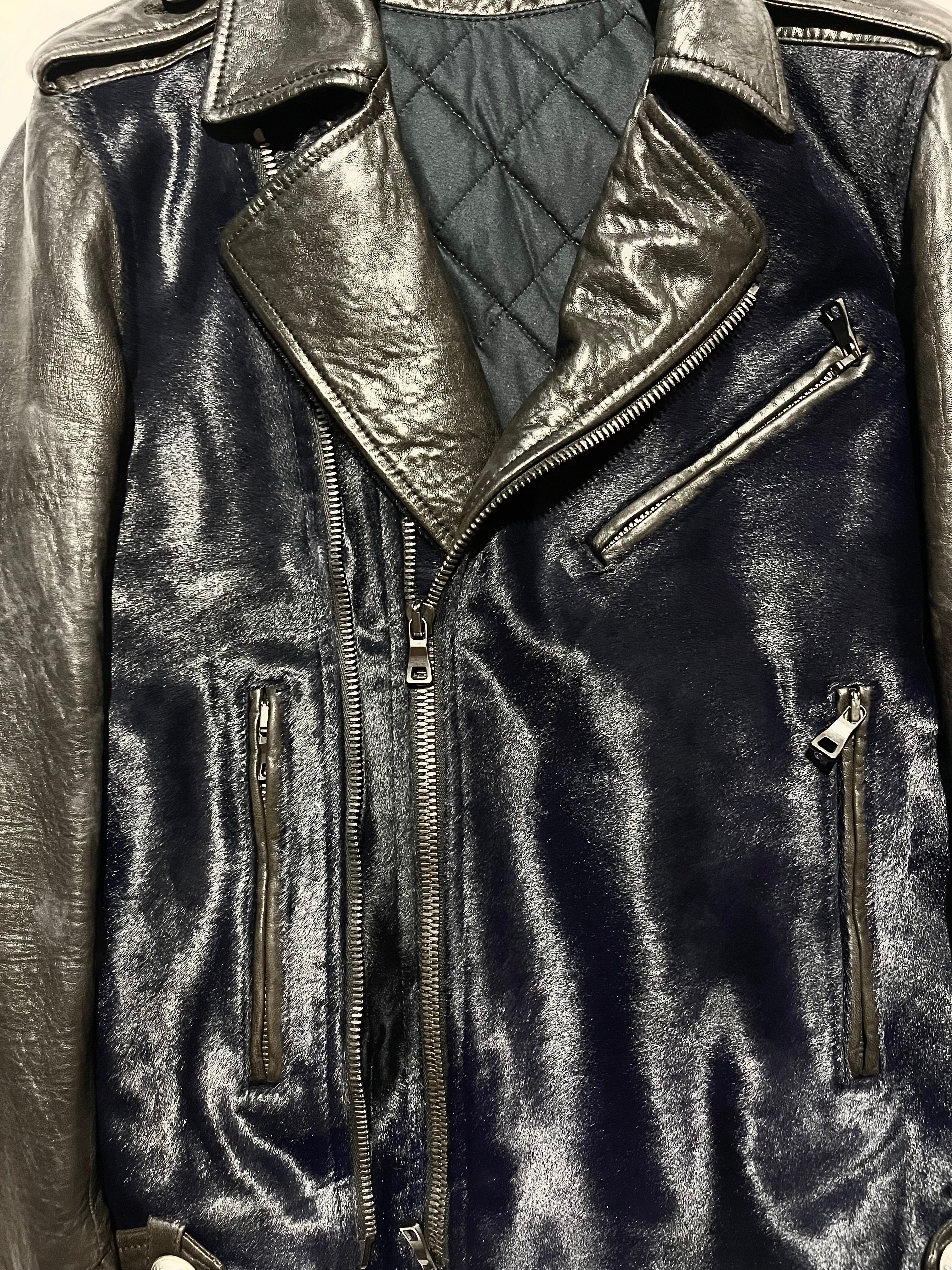 BALMAIN FW12 MIDNIGHT BLUE CALFHAIR AND COWHIDE PERFECTO BIKER JACKET IN 44