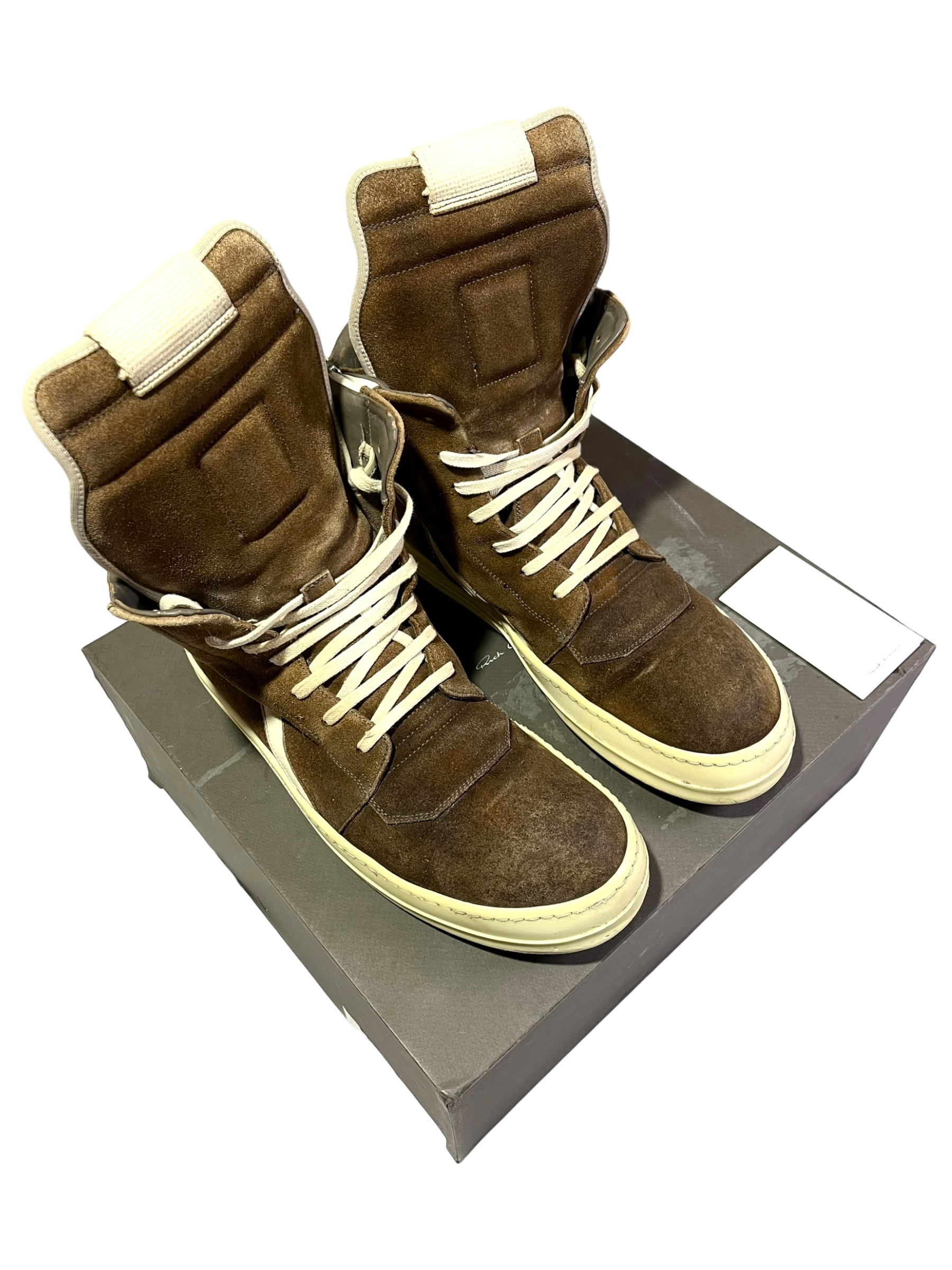 RICK OWENS BROWN/MILK SUEDE LEATHER GEOBASKETS
