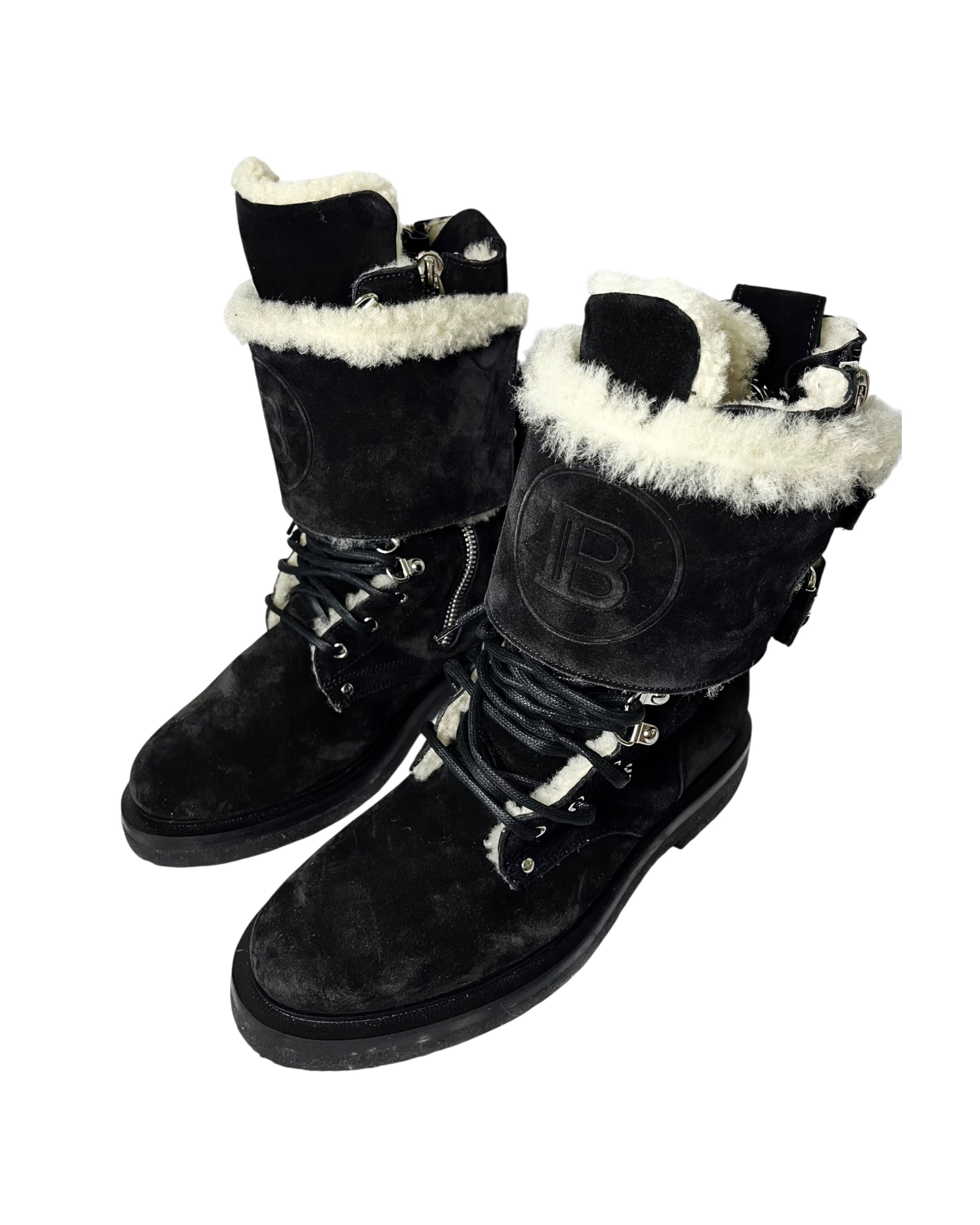 BALMAIN BLACK SUEDE SHEARLING LINED RANGER BOOTS IN 43
