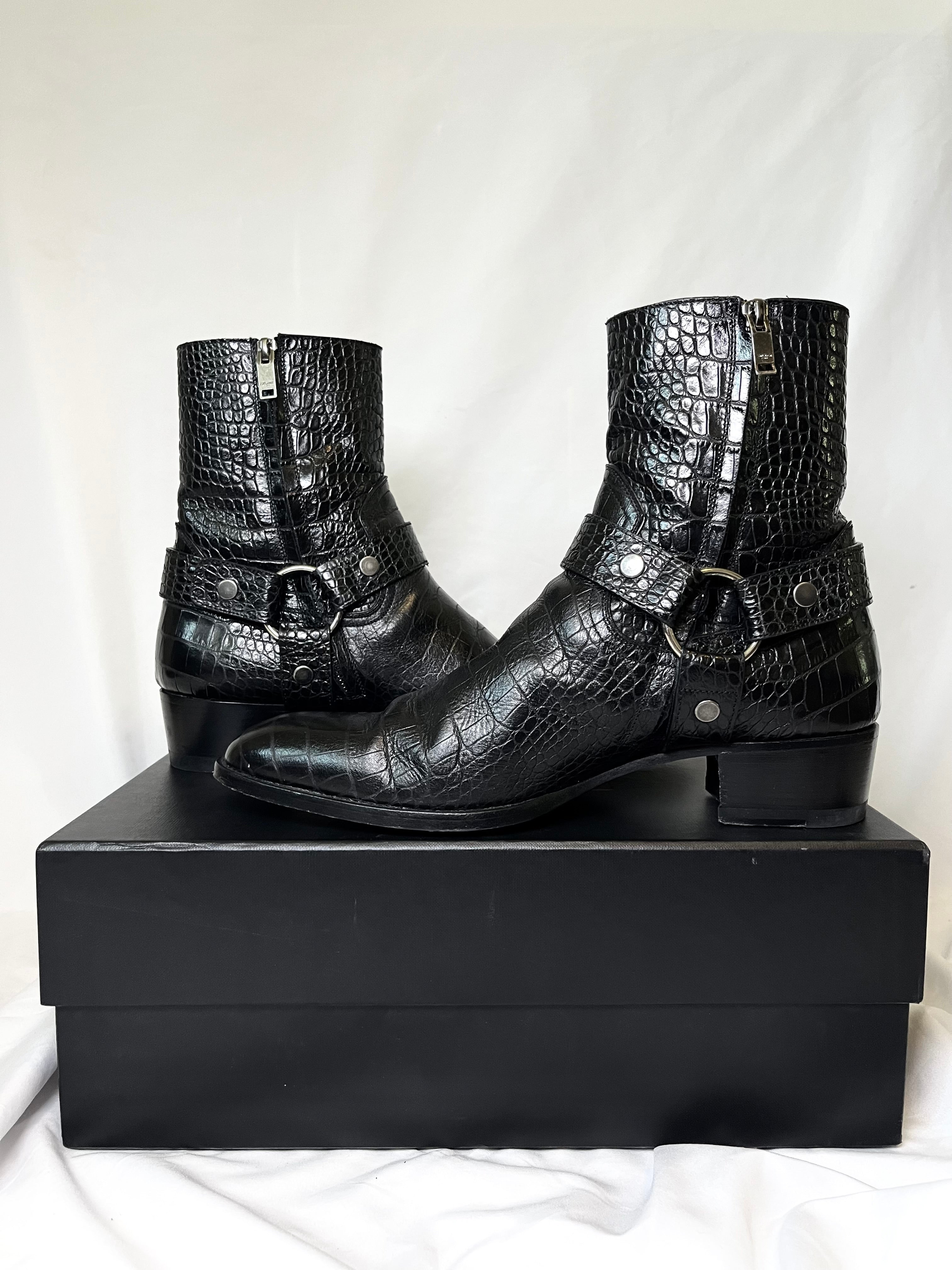 SAINT LAURENT PARIS CROCODILE LEATHER "WYATT" 40MM HARNESS BOOTS