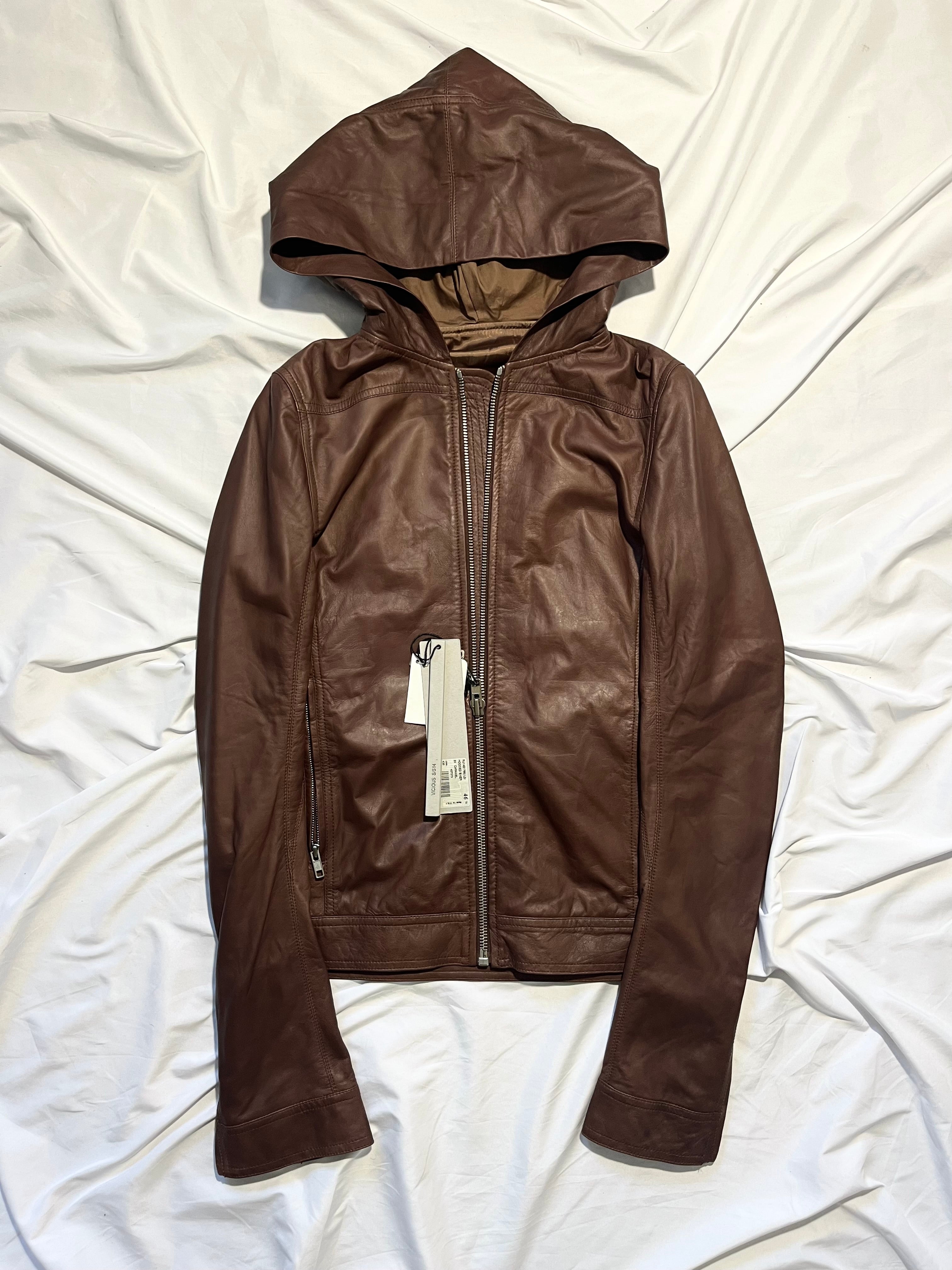 RICK OWENS FW14 "MOODY" HOODED LAMBSKIN JACKET IN CARAMEL SIZE 46IT