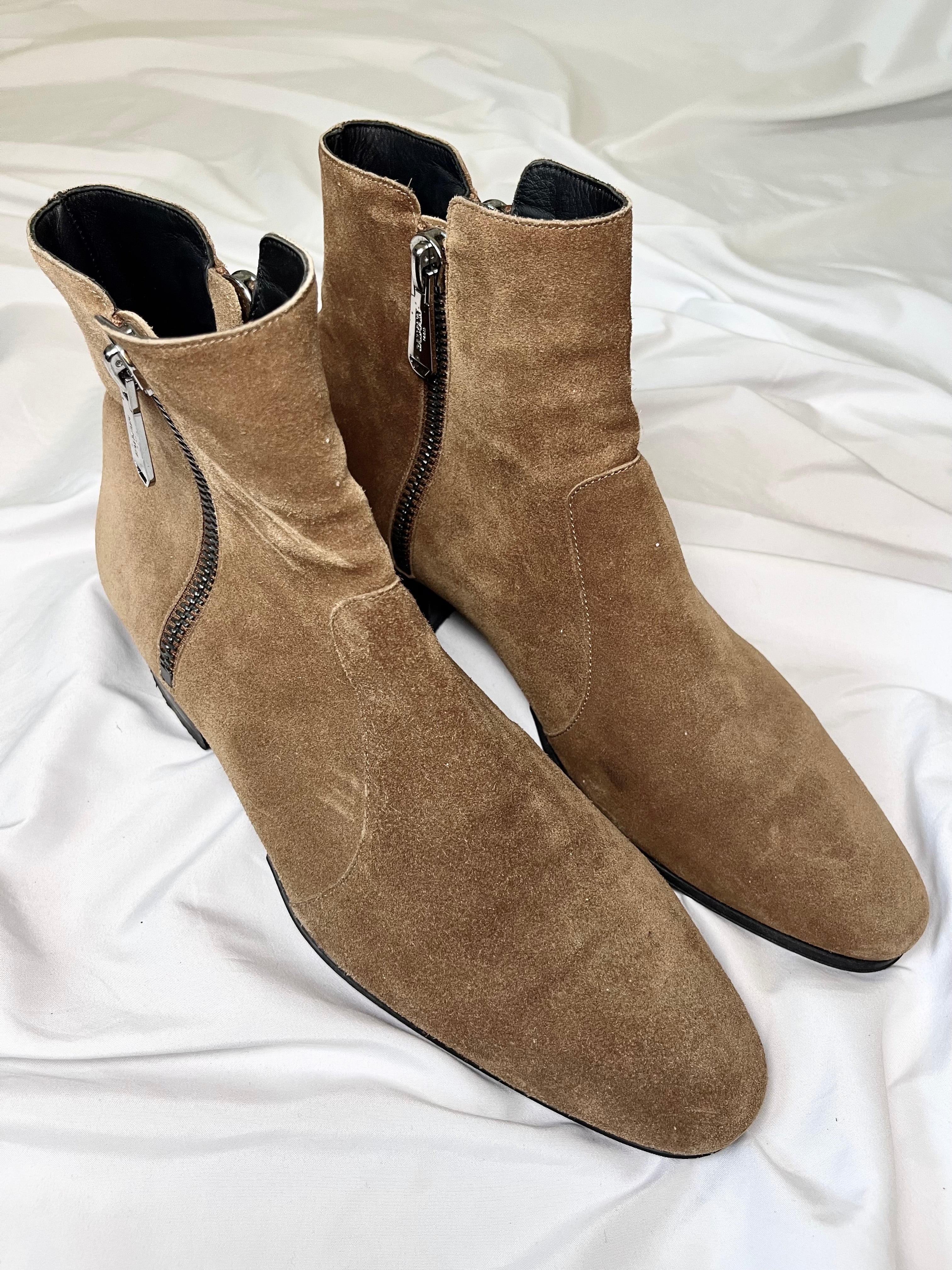 BALMAIN ANTHOS DOUBLE ZIP CHELSEA KHAKI SUEDE BOOTS BY OLIVIER ROUSTEING