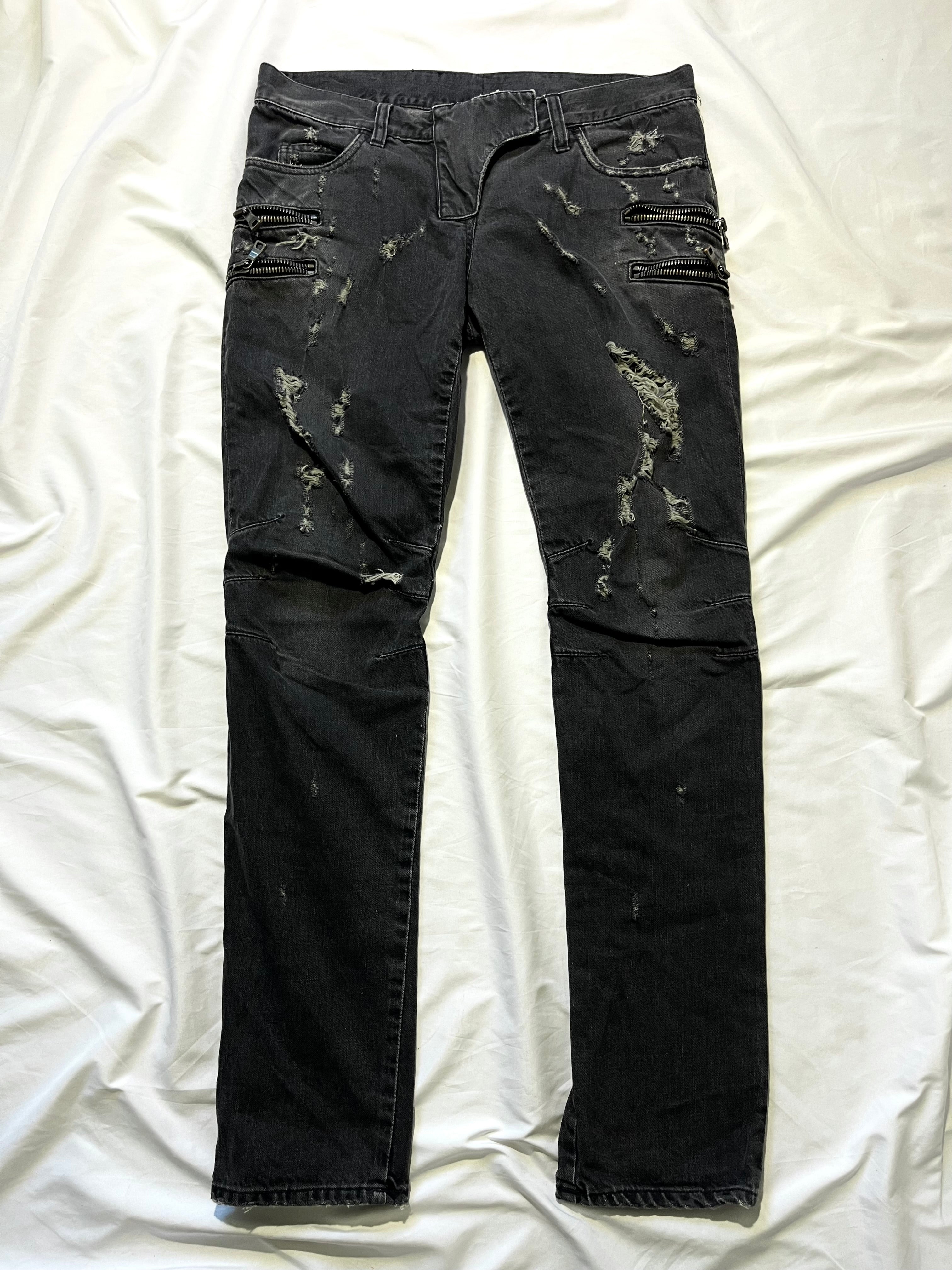 BALMAIN FW11 4 ZIP GREY DISTRESSED BIKER DENIM BY CRISTOPHE DECARNIN