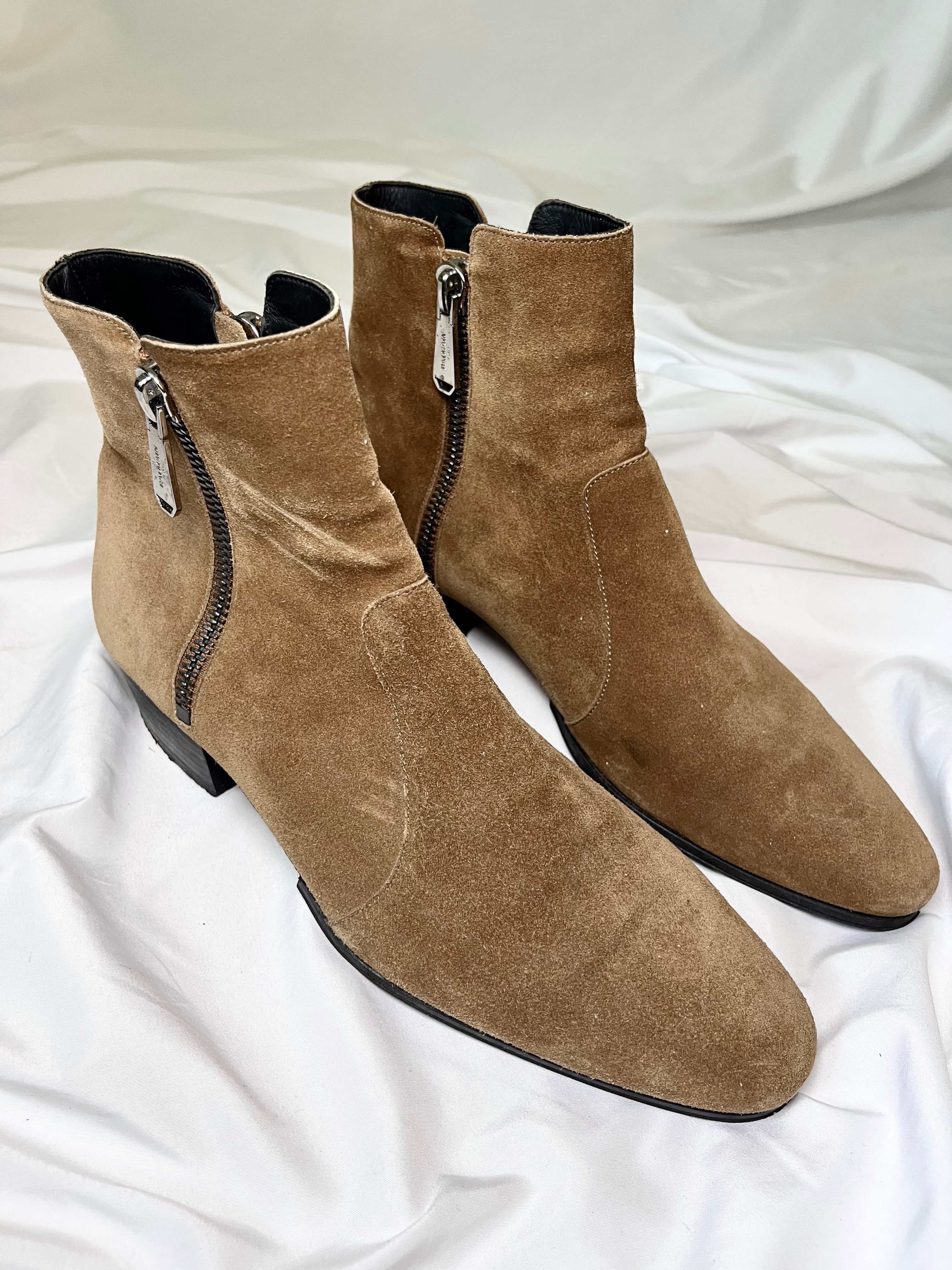 BALMAIN ANTHOS DOUBLE ZIP CHELSEA KHAKI SUEDE BOOTS BY OLIVIER ROUSTEING