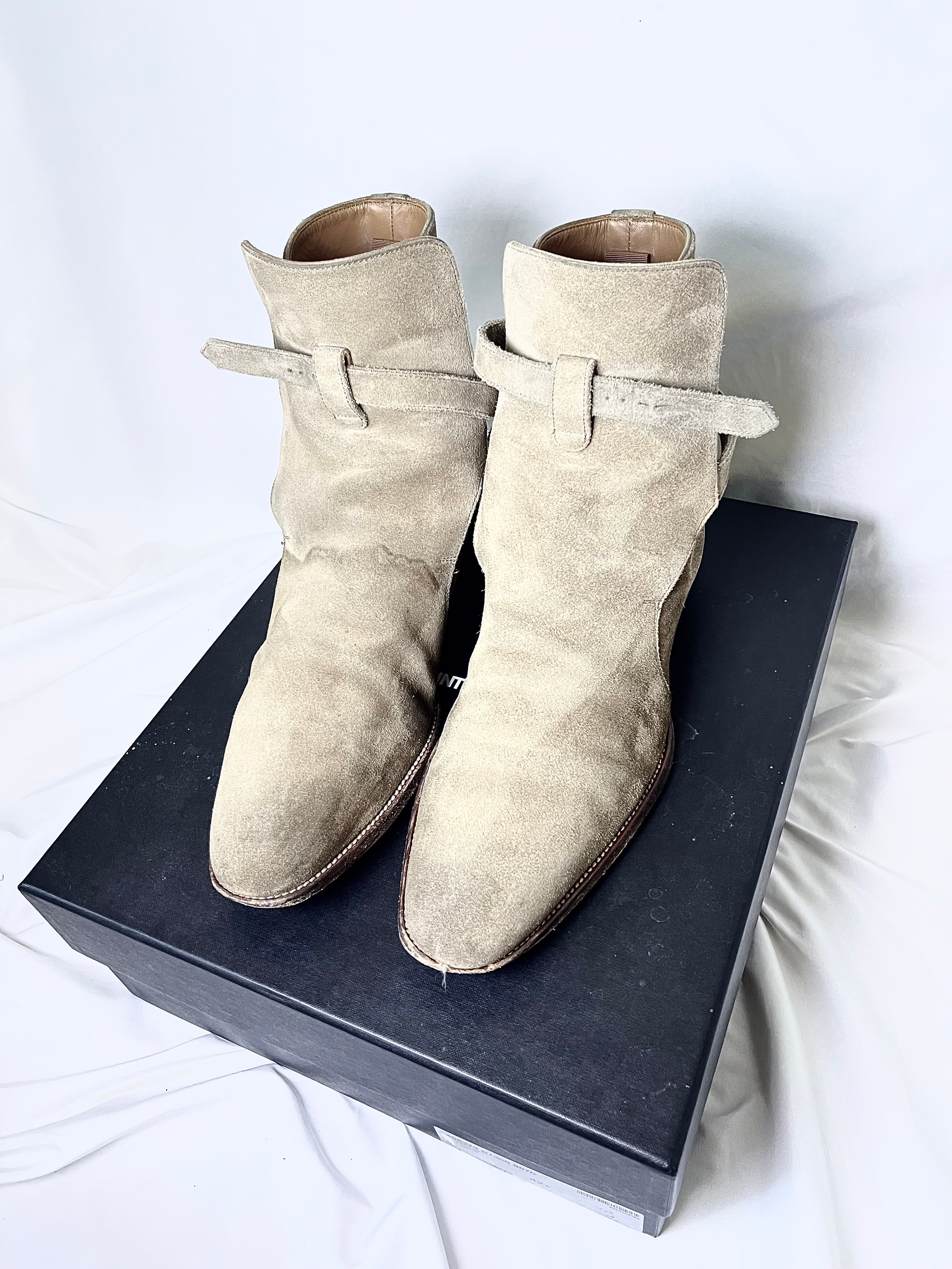 SAINT LAURENT PARIS KHAKI SUEDE LEATHER "JODHPUR" STRAP BOOTS IN 42
