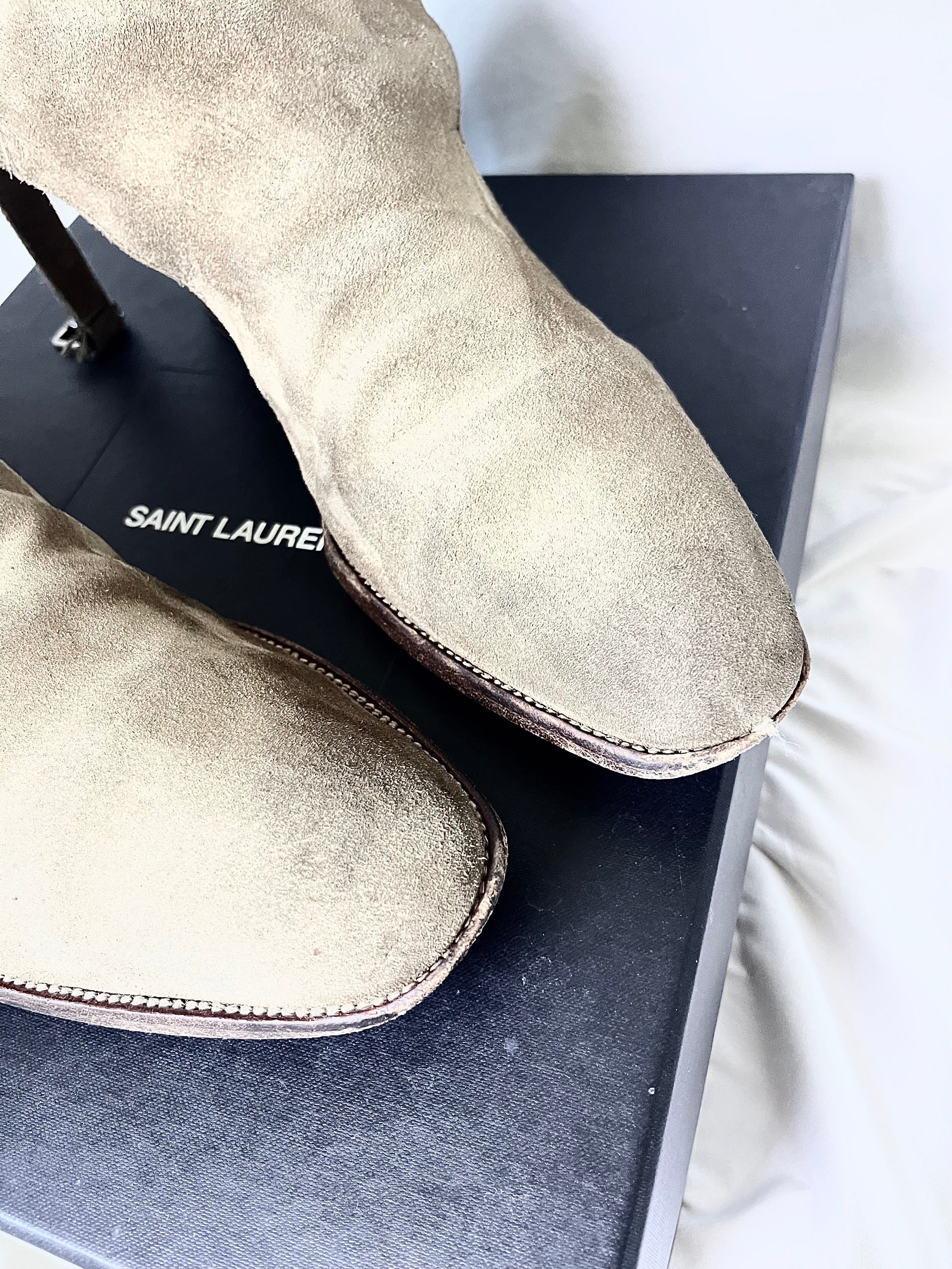 SAINT LAURENT PARIS KHAKI SUEDE LEATHER "JODHPUR" STRAP BOOTS IN 42