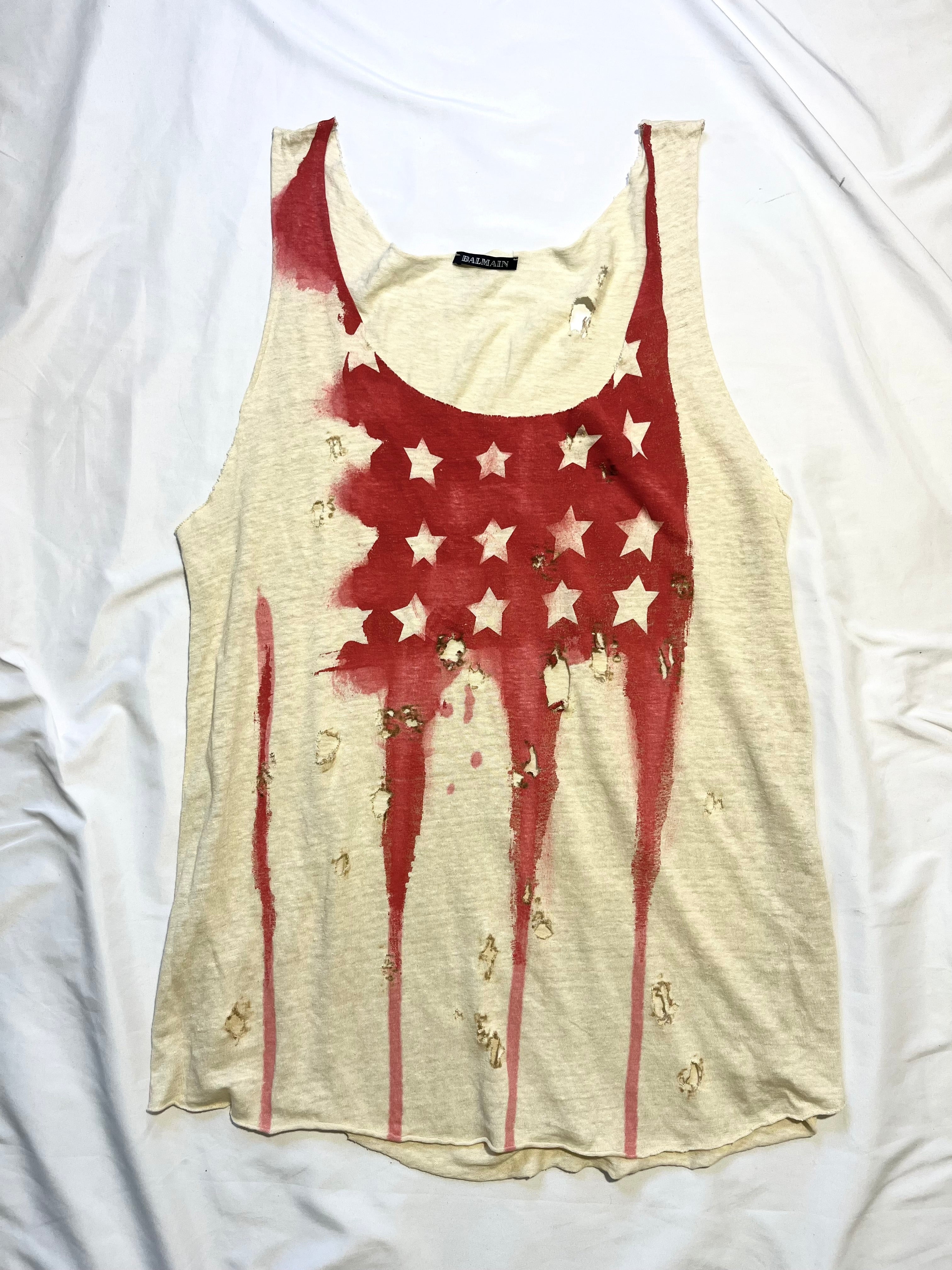 BALMAIN SS11 STARS AND STRIPES US FLAG BURNT DISTRESSED TANK TOP BY CRISTOPHE DECARNIN