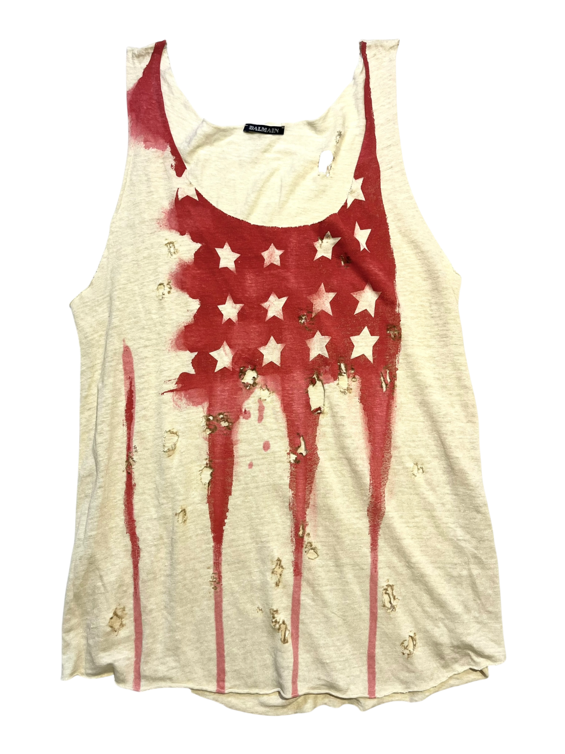 BALMAIN SS11 STARS AND STRIPES US FLAG BURNT DISTRESSED TANK TOP BY CRISTOPHE DECARNIN